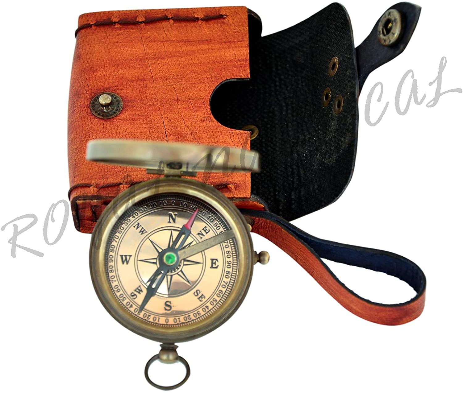 Brújula de latón hecha a mano con lazo superior para cadena, botón de brújula senderismo, camping, viajero y regalo antiguo brújula con funda de cuero rústico