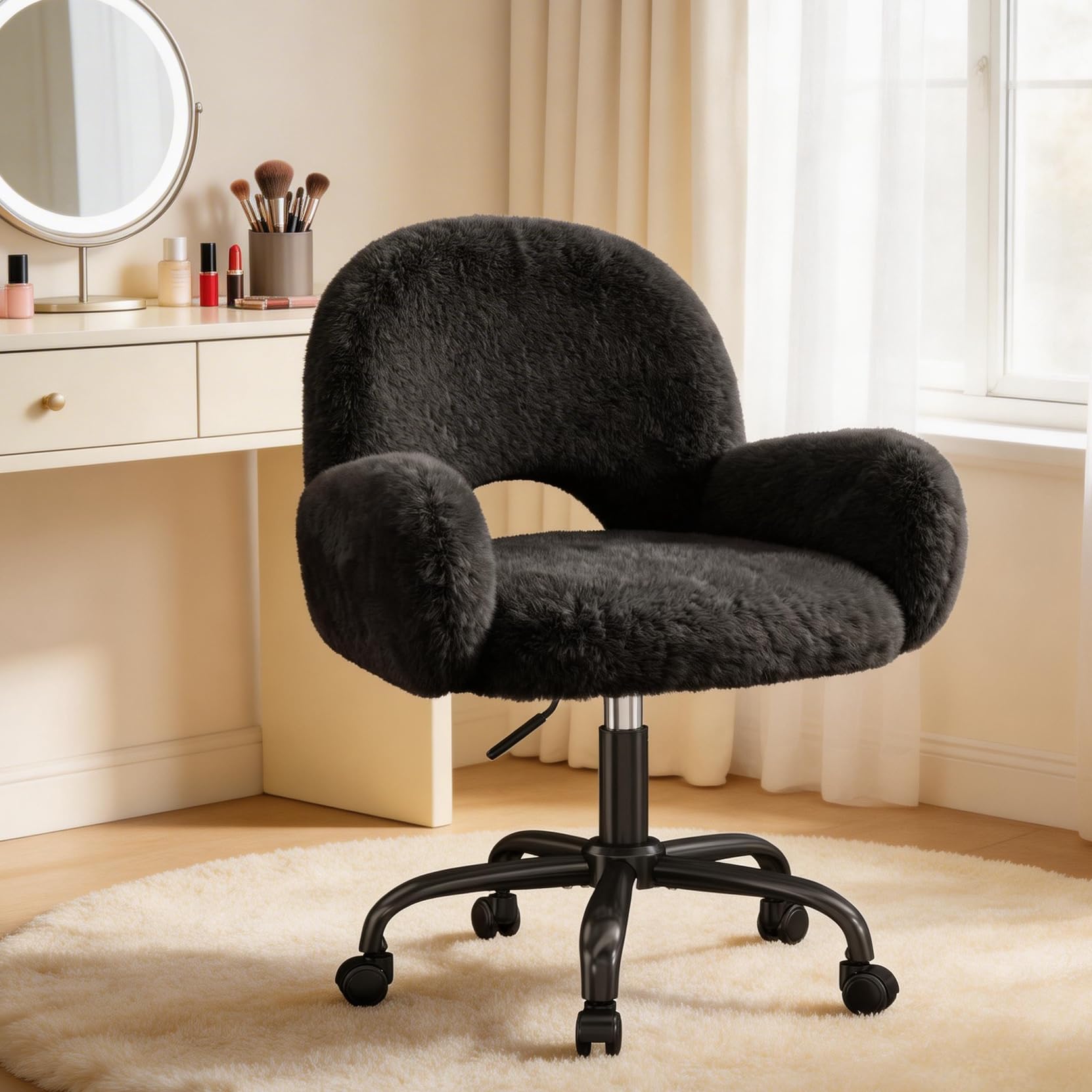 Homkdom Vanity Chair with Round Hollow Back & Arms,Height Adjustable