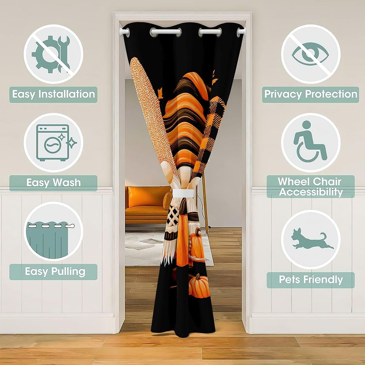 Castle Fairy Fall Gnome Door Curtain for Doorway Privacy Cute Thanksgiving Gnome Pumpkin Pie Sliding Closet Door Curtains Farmhouse Privacy Curtains Cover for Room Divider,W42 X L80 Black Orange image 3