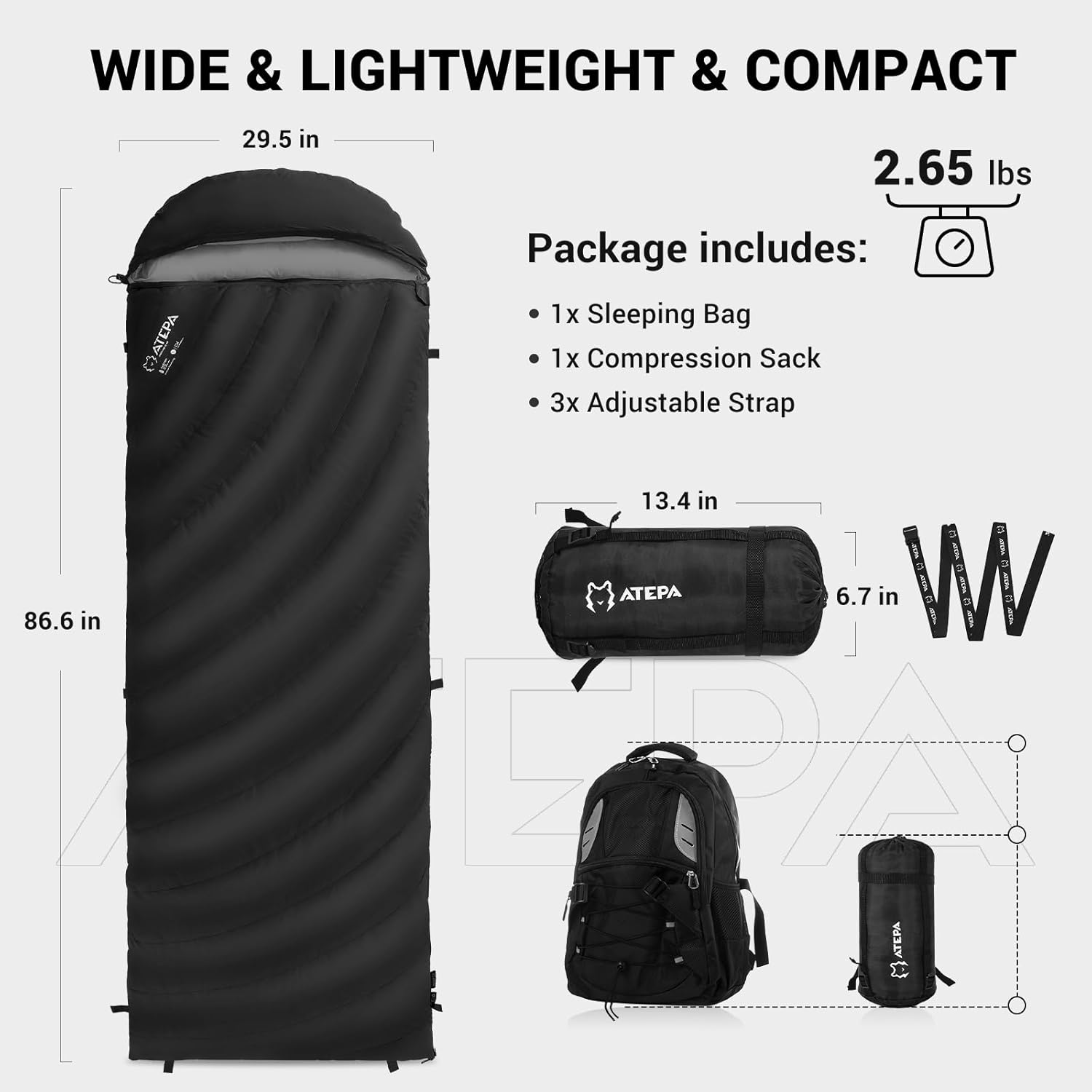 ATEPA 3-in-1 Hybrid Down Sleeping Bag, Lightweight 3 Season Backpacking Sleeping Bag with Pad Attachment System & Compression Sack for Spring Summer Fall Car Camping Hiking 30°F 45°F
