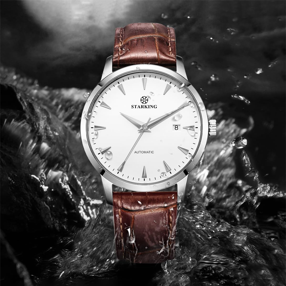 AM0184 Dress Automatic Watches for Men, Skeleton Case Back, Fashion Business Men's Wrist Watches with Date, 5ATM Waterproof, Stainless Steel, Luxury Leather Watch, Big Face of Analog Watch, Brown - 3