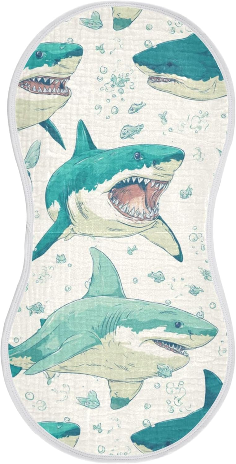 Cartoon Ocean Sharks Burp Cloths Baby Boys Girls Absorbent Soft Cotton Burping Cloths Rags 4 Pack