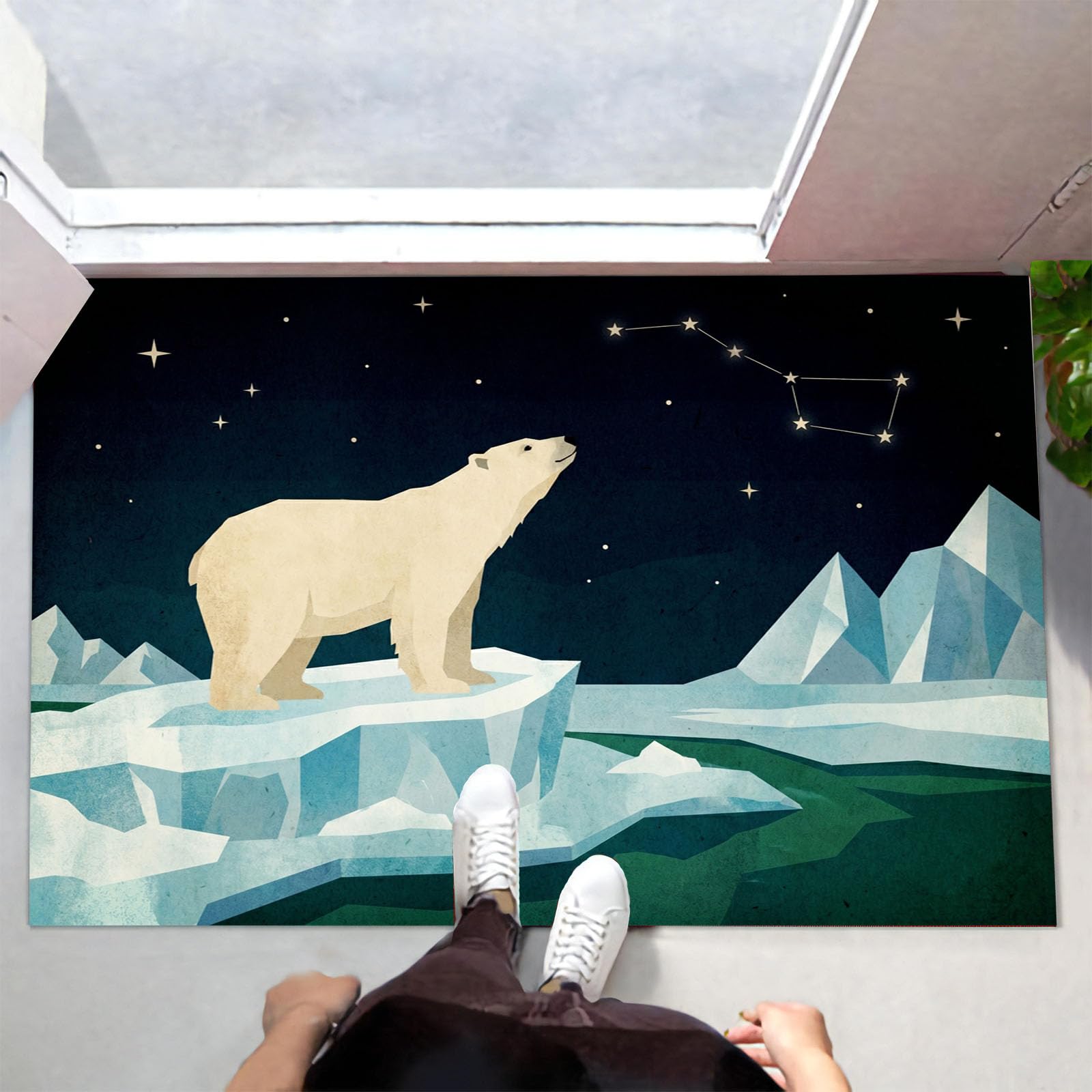 Zerbino Ingresso Interno Animali Artici Cartoni Animati, Zerbino Di Benvenuto Lavabile Morbida Cielo Stellato Iceberg Orsi Polari, Antiscivolo Tappeto Da Decorazioni Nero Per Casa Porta, 60X90Cm