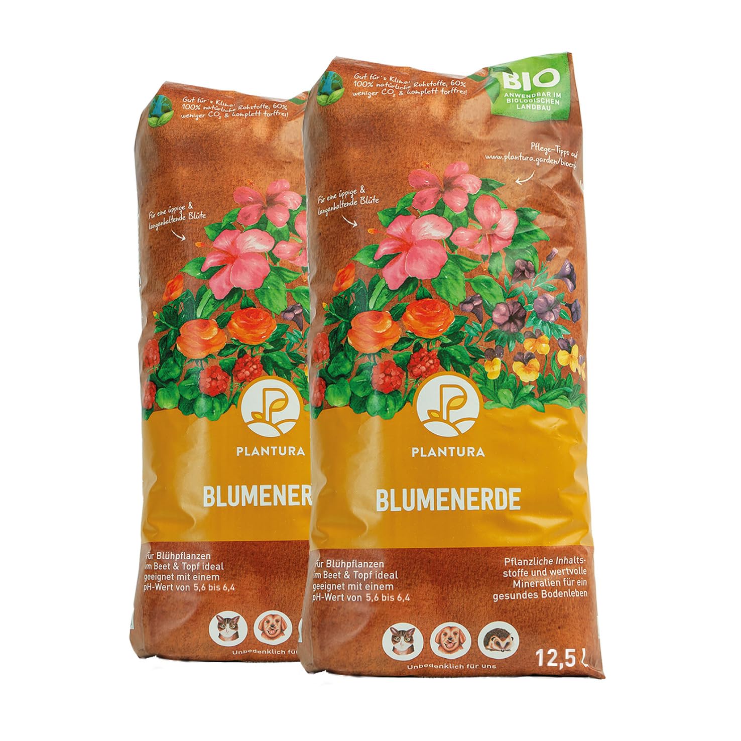 Plantura Bio-Blumenerde, torffrei & vegan, Bio Erde mit Dünger für alle Garten- & Balkonpflanzen, drinnen & draußen, 2 x 12,5 L (25 L)