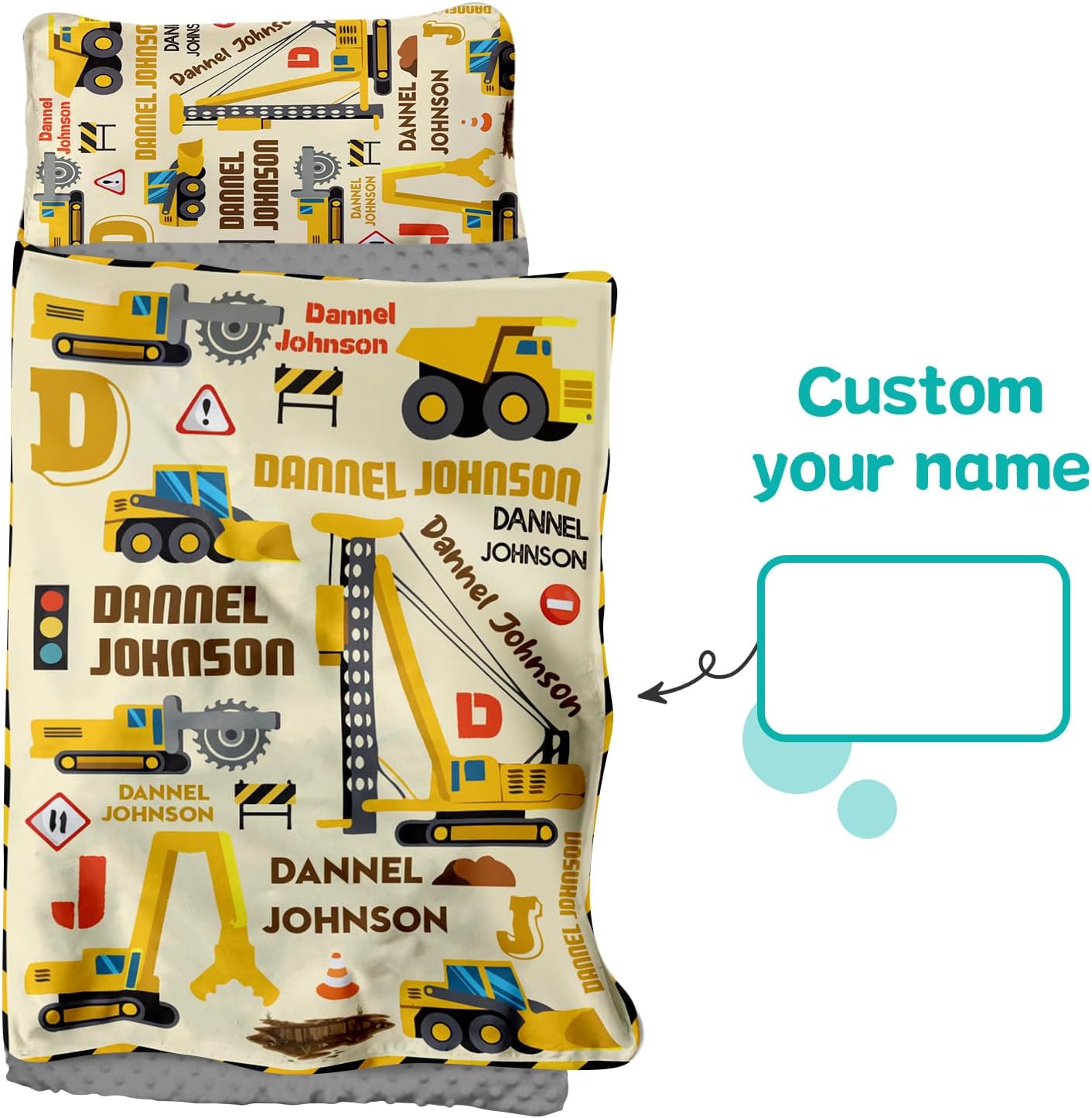 Custom Toddler Nap Mat for Preschool - Personalized Name Kids Nap Mats for Daycare Kindergarten Boys, Sleeping Bag with Pillow Blanket Set, Thick Padded Easy Roll Up, Construction Truck