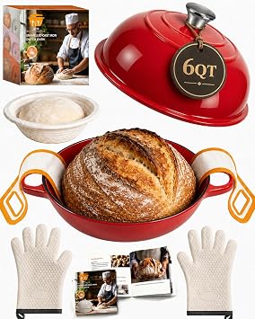 AHJ 6QT Dutch Oven For Bread Baking, Enameled Cast Iron Dutch Oven Pot with Lid, Multi-Functional Bread pan, Sourdough Baking Supplies with Proofing Basket, Cast Iron Bread Oven, Silicone Sling & Gloves.
