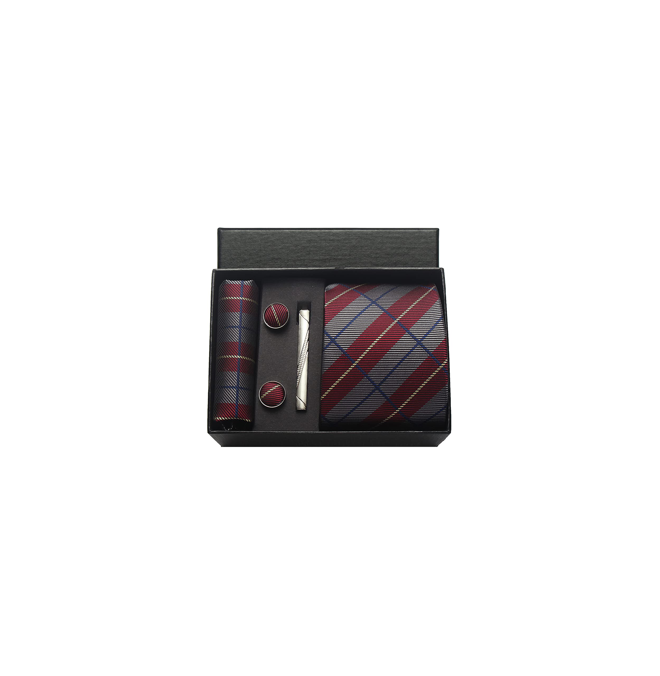 CWKOON Striped Plaid Polka Dot Mens Tie Formal Necktie Pocket Squares Ties Clips Cufflinks Classic for Men Set, Grey Burgundy, One Size