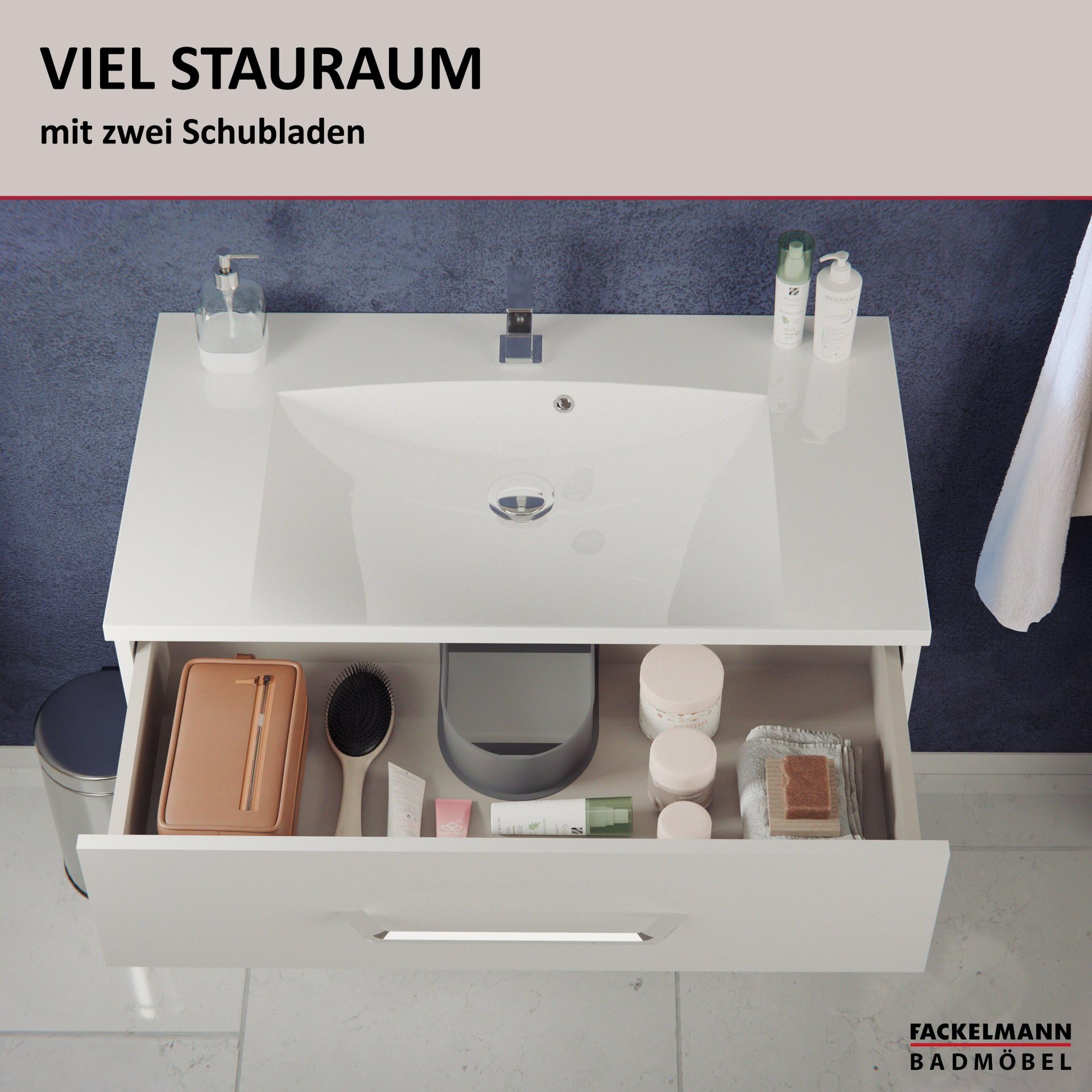 FACKELMANN Waschtischunterschrank inkl. Gussbecken B.CLEVER/Badschrank mit Soft-Close-System/Maße (B x H x T): ca. 90 x 48,5 x 46 cm/Möbel fürs WC oder Badezimmer/Schrank: Weiß/Becken: Weiß