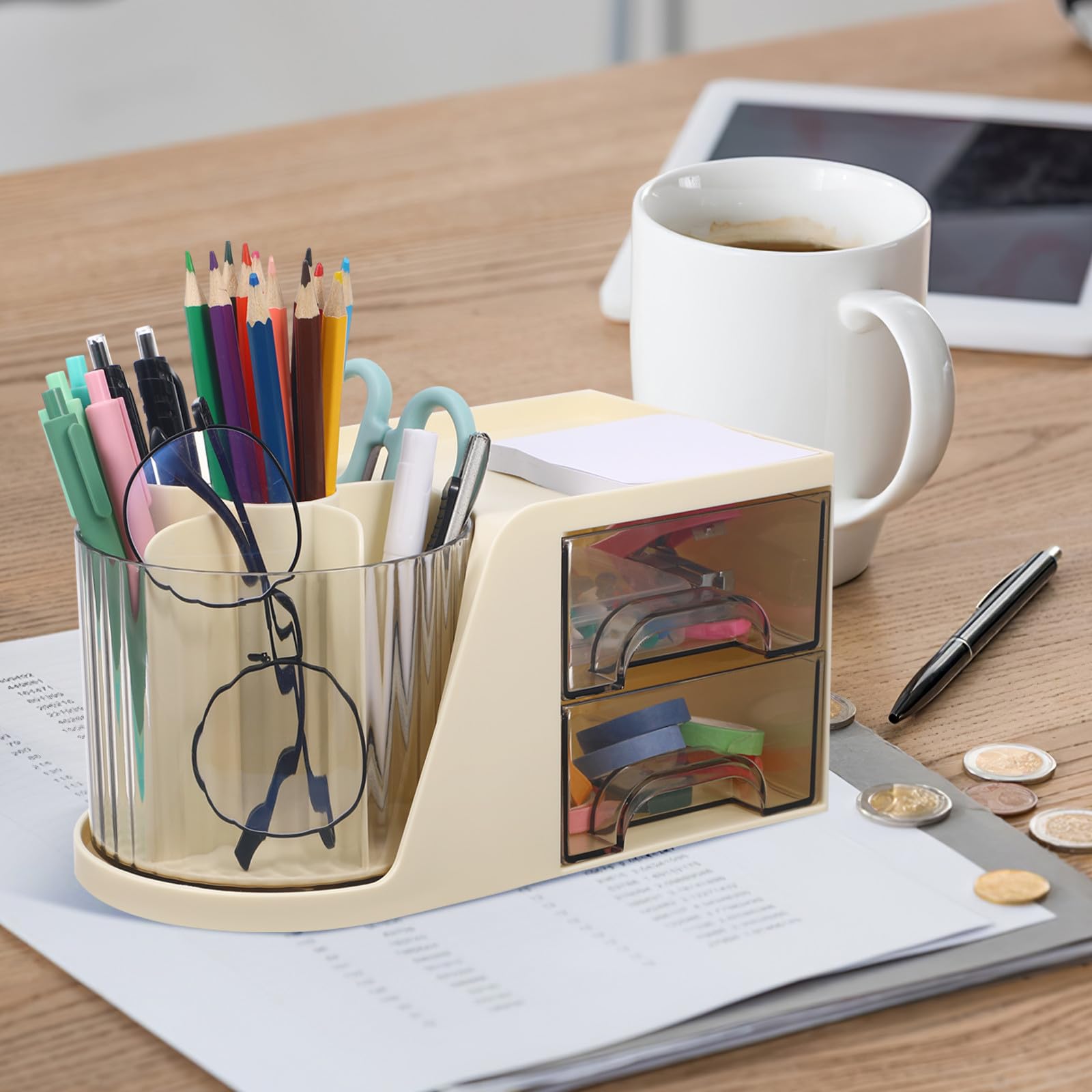 Organizador de Escritorio Portalápices Blanco de Plástico Compartimentos Múltiples y Cajones Dobles, Caja de Papelería Compacta para Oficina y Espacio de Trabajo