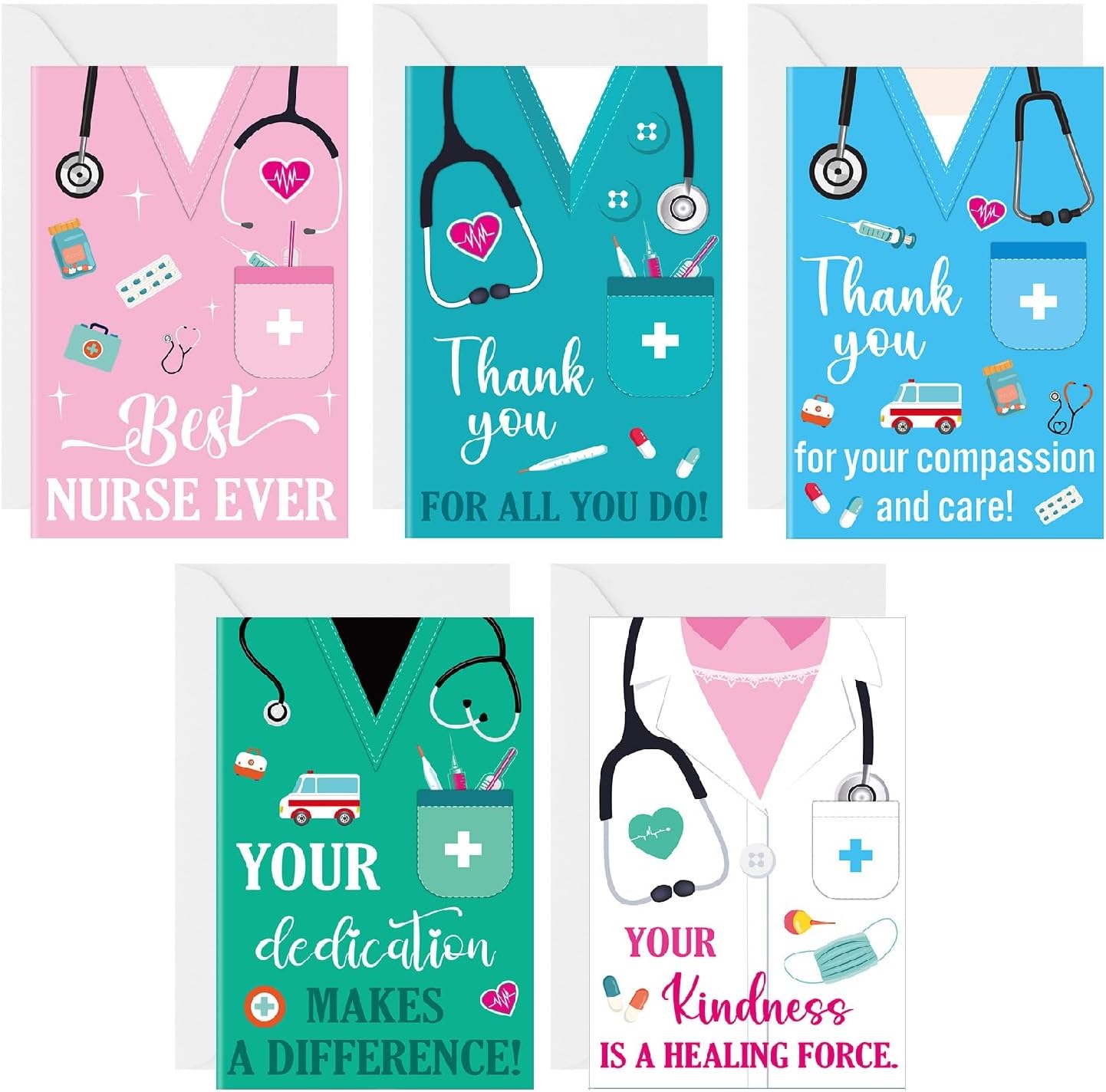 Eaasty 100 Sets Nurses' Day Cards with Stickers and Envelopes Blank Inside Funny Card 5 Style Greeting Card Designs