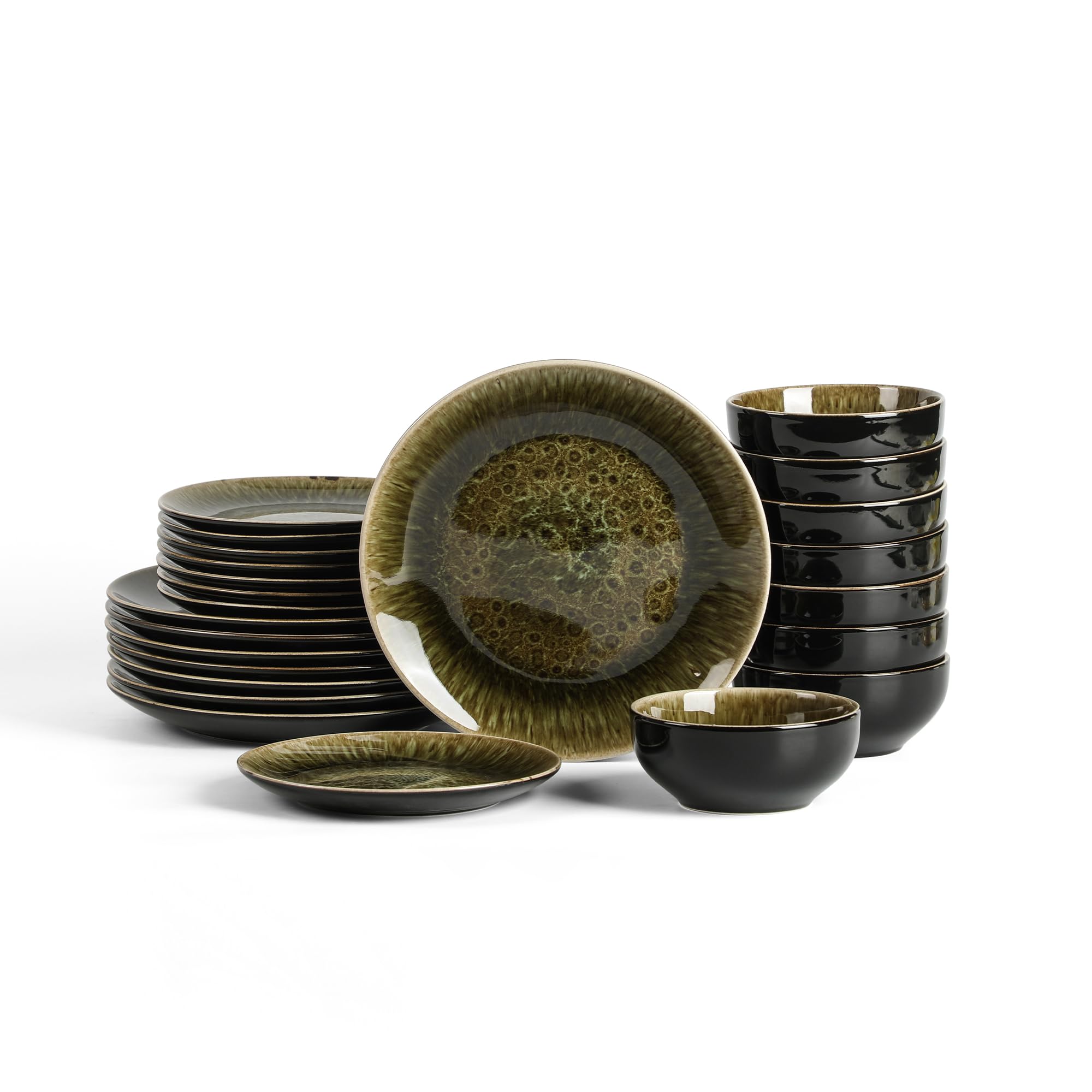 Stone Lain Riley 24-Piece Dinnerware Set Stoneware, Plates and Bowls Set, Dishwasher and Microwave Safe, Dish Set for 8, Black and Green
