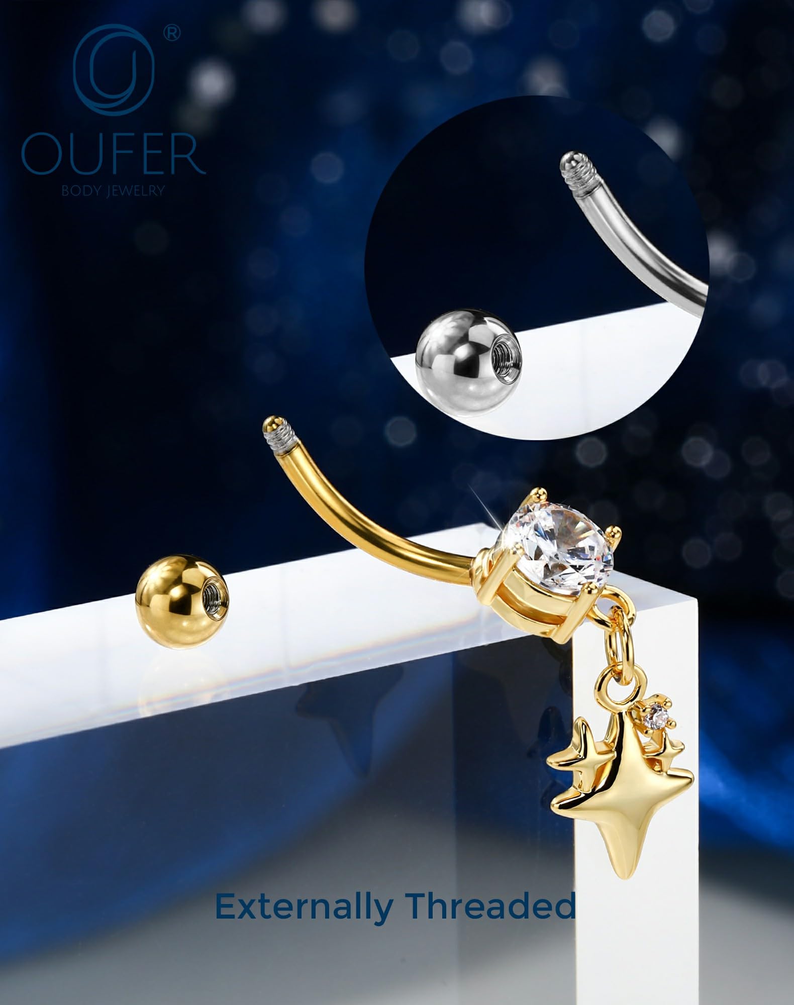 OUFER Body Piercing Belly Bar: 14G 316L Stainless Steel Navel Ring Star Dangle CZ Navel Piercing Jewellery Gold/Silver 1.6mm/10mm Belly BUtton Rings for Beach Party Women - 3