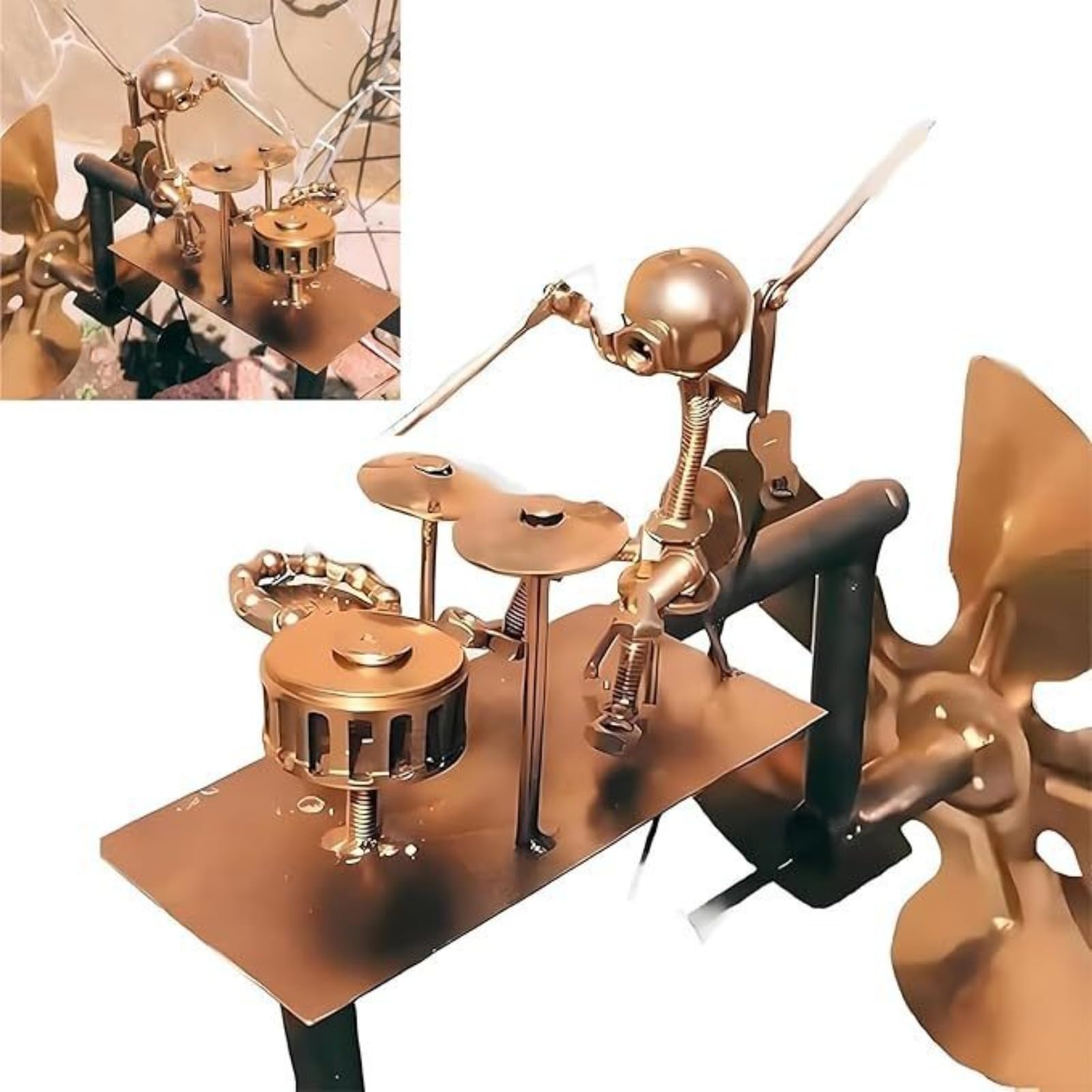 Handmade Metal Drummer Windmill Garden Decoration, Wind Garden Spinners, Rockin Art Percussionist Music Figurines and Statues, Wind-Powered Kinetic Sculpture for Yard Lawn Gardens Patio Decor（Gold）