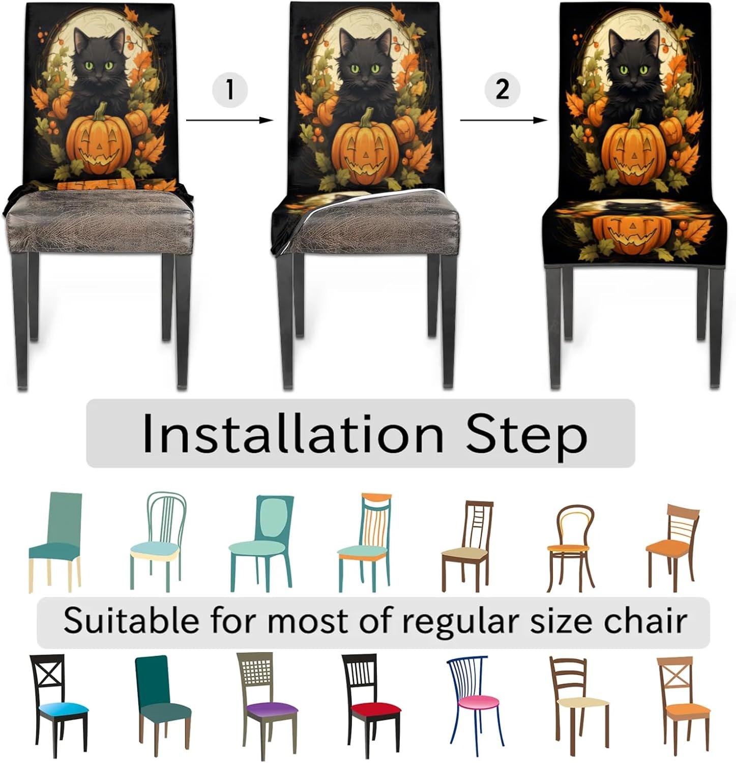 QsirBC Cute Cat Pumpkin Leaf Stretch Dining Room Chair Covers Set of 6 Chair Slipcovers Removable Washable Kitchen Seat Covers Chair Protectors for Hotel Party Wedding