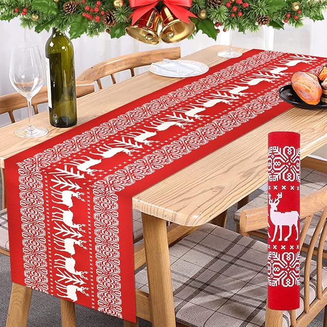 WENRERO Christmas Table Runners Rectangular Xmas Table Runner Elk Printed Christmas Table Cloth Tablecloths Red Xmas Table Cover Tablecover for Xmas Party Holiday Winter Home Decor, 11 x 108 Inch