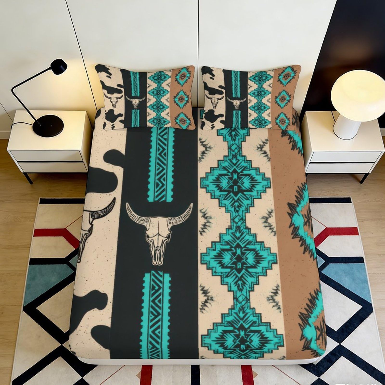 3D Printed Southwestern Tribal Fitted Sheet Microfiber Soft Breathable Bull Skull Bed Cover for Bedroom Dorm Decor 90x200x25cm