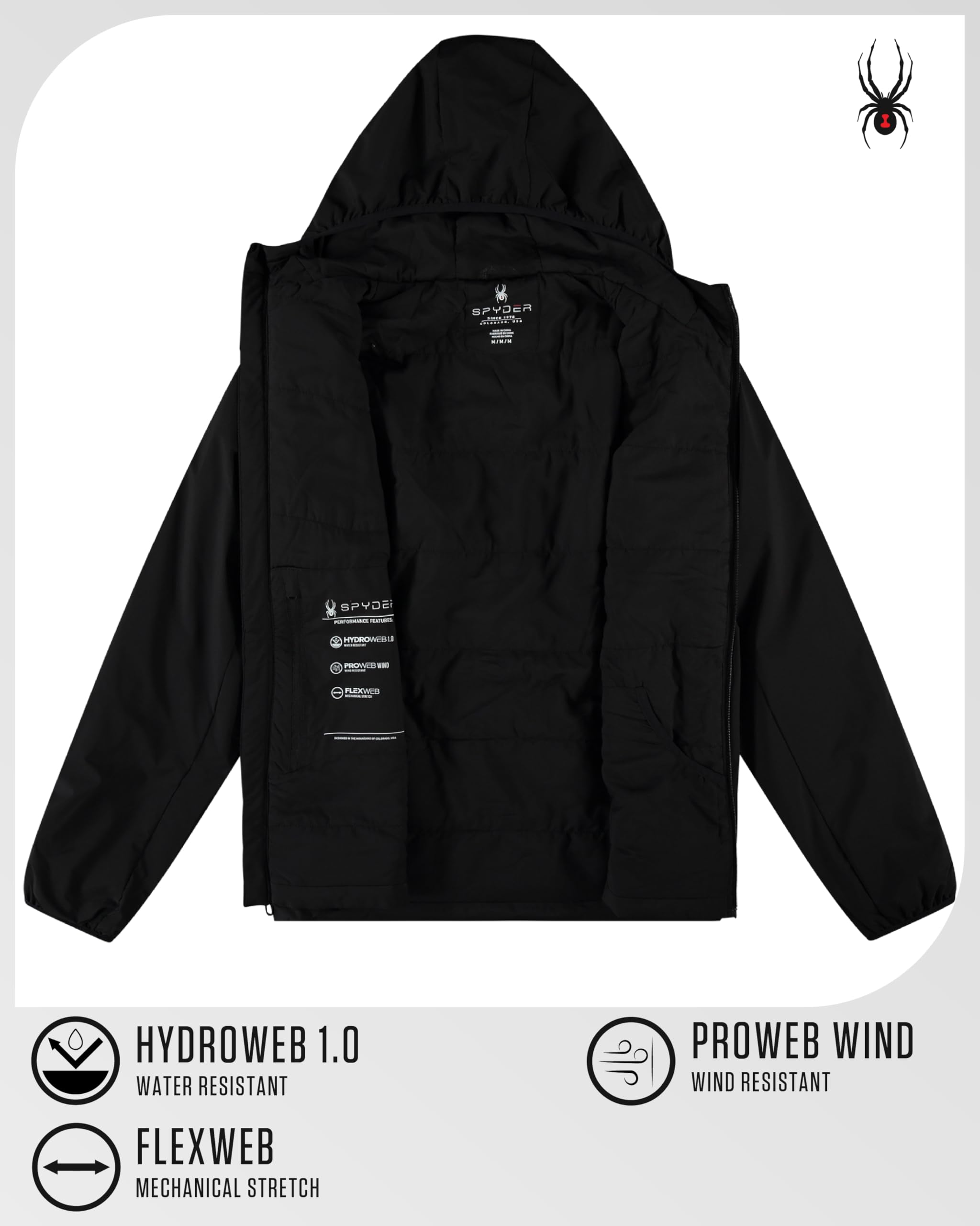 Spyder Chaqueta cortavientos para hombre, ligera, aislante, resistente al agua, con cremallera, con capucha, cortavientos para hombre