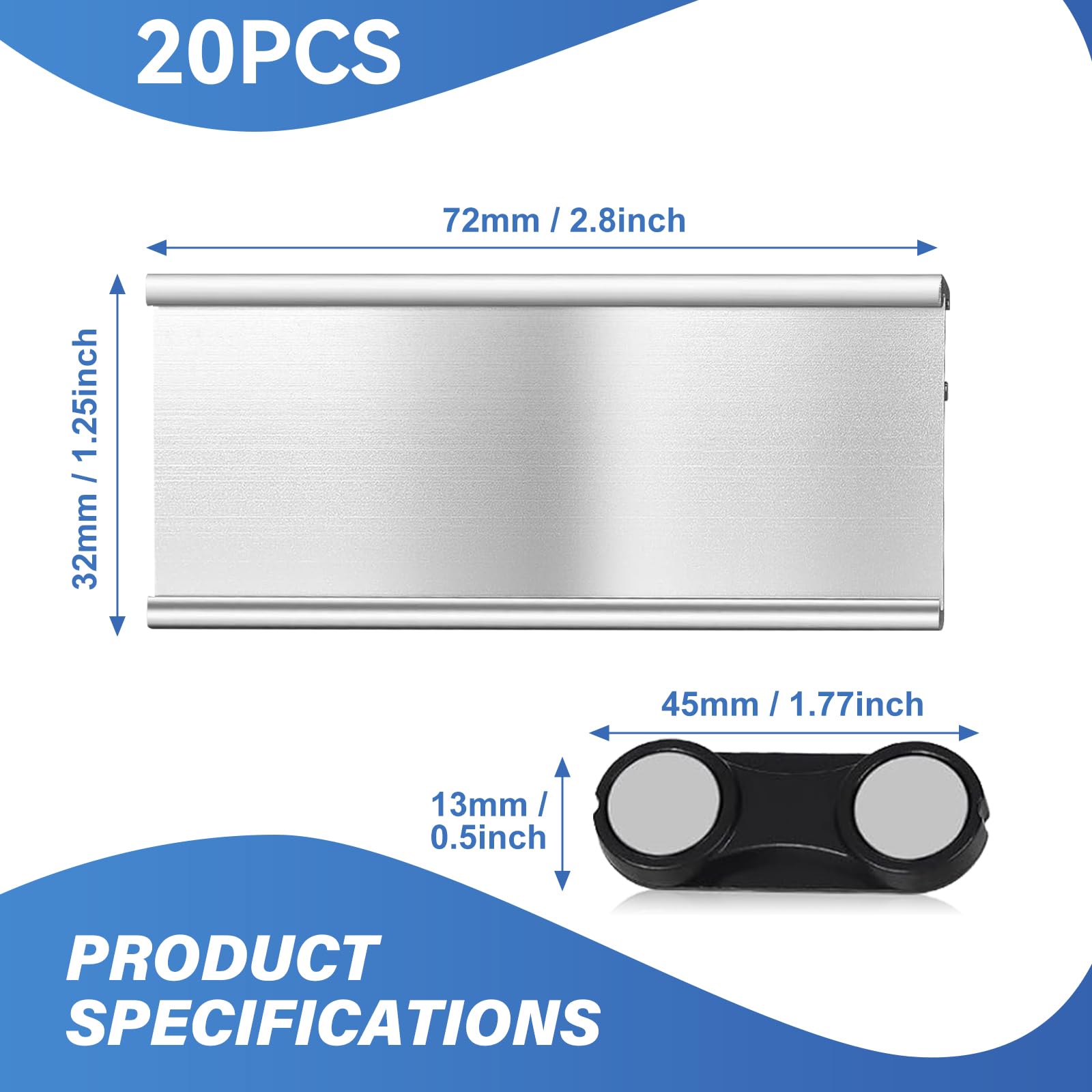 20 sztuk aluminiowych tabliczek z nazwiskiem z mocnym podwójnym magnesem, tabliczki na nazwisko na ubrania magnes z agrafkami, profesjonalna magnetyczna tabliczka na nazwisko z otworem na papier, ok