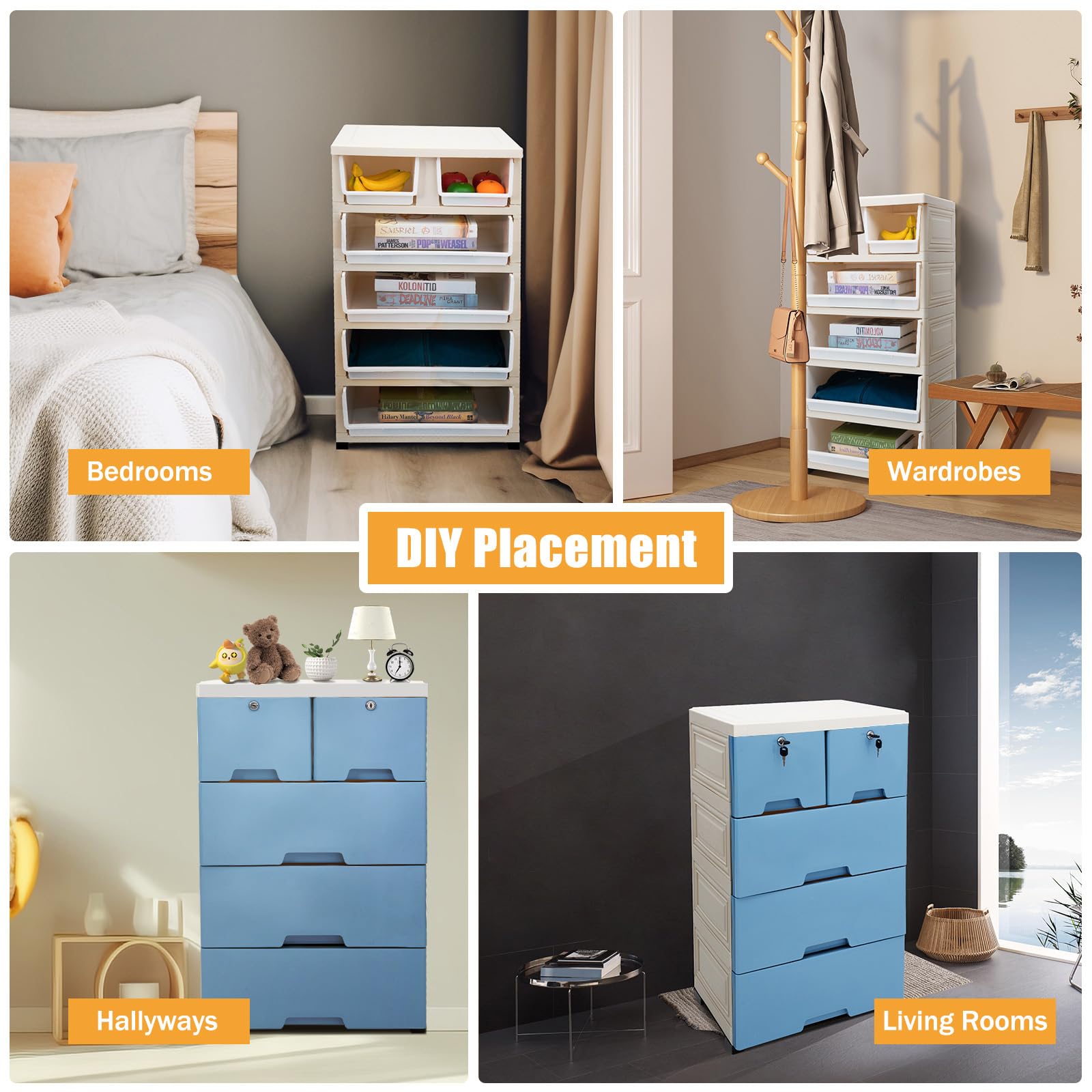 Cajonera de 6 cajones, de plástico, apilable y portátil, con cerradura y ruedas, organizador para oficina en casa, dormitorio y baño (azul)