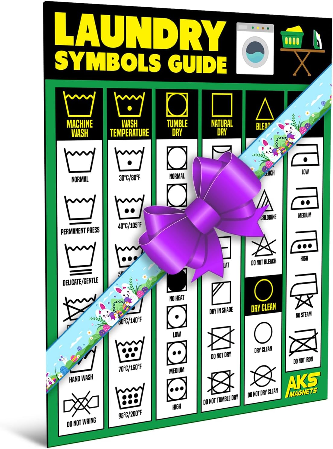 Laundry Symbols Guide Magnet - Extra Large Easy to Read 8.5” x 11” Clothing Care Instruction Cheat Sheet – Washing, Drying, Ironing & Bleaching Accessory - Functional Modern Laundry Room Art Decor