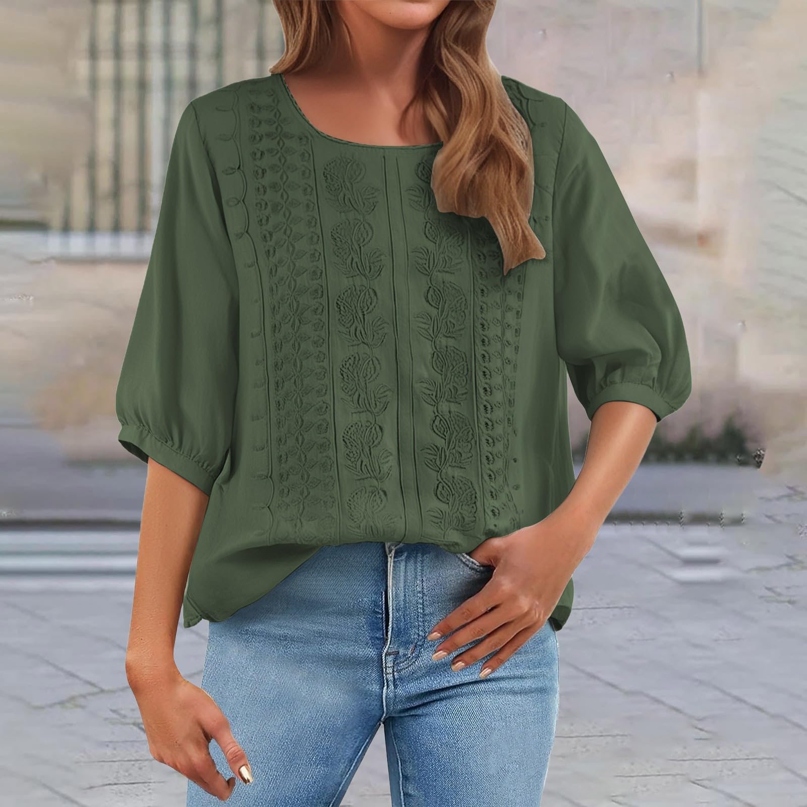 Cotton Linen Shirts for Women Trendy Retro Embroidered 3/4 Sleeve Boho Blouse Dressy Casual Bohemian Tops Loose Tunics