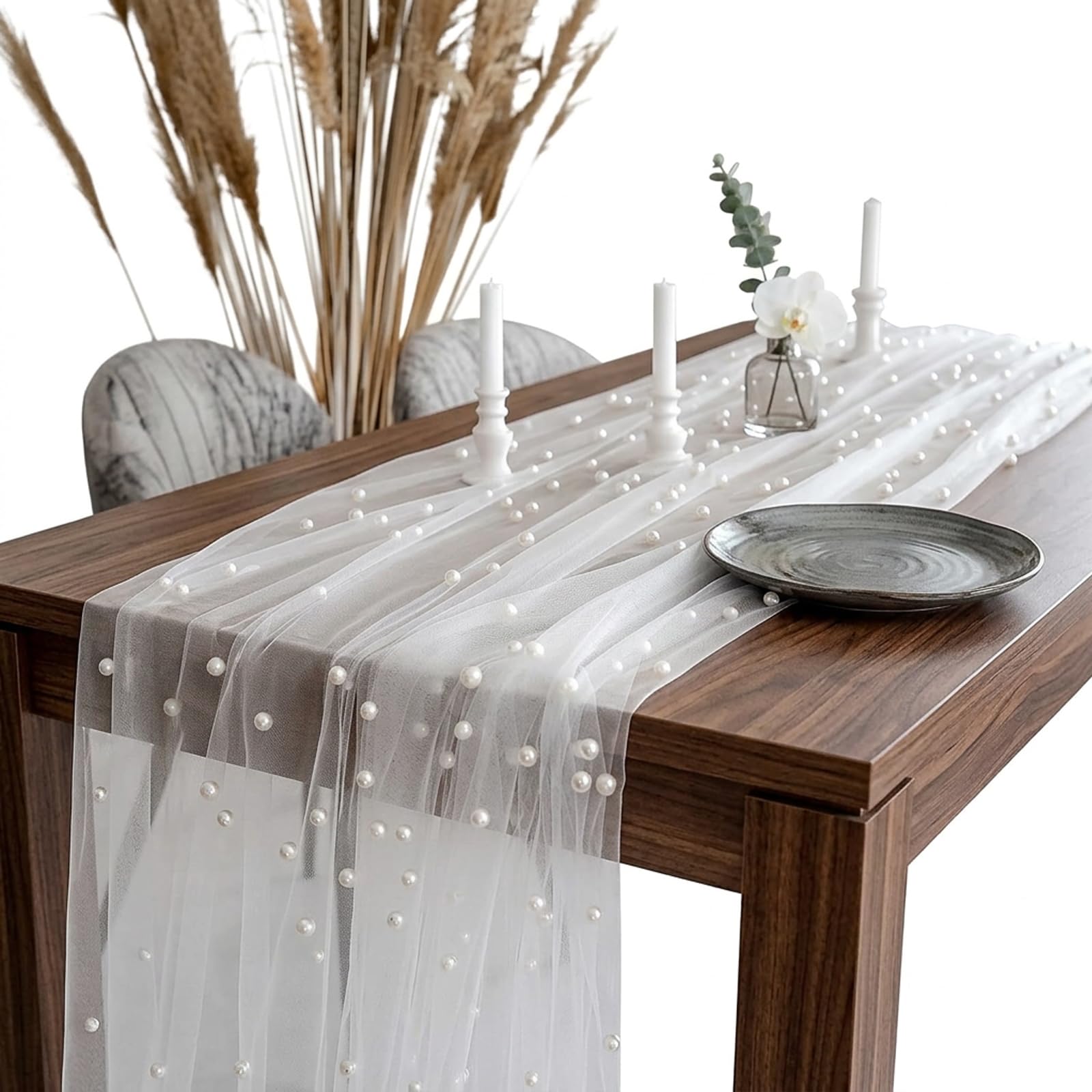 75x300 Cm White Elegant Pearl Table Runner, Gauze Pearl Table Runner