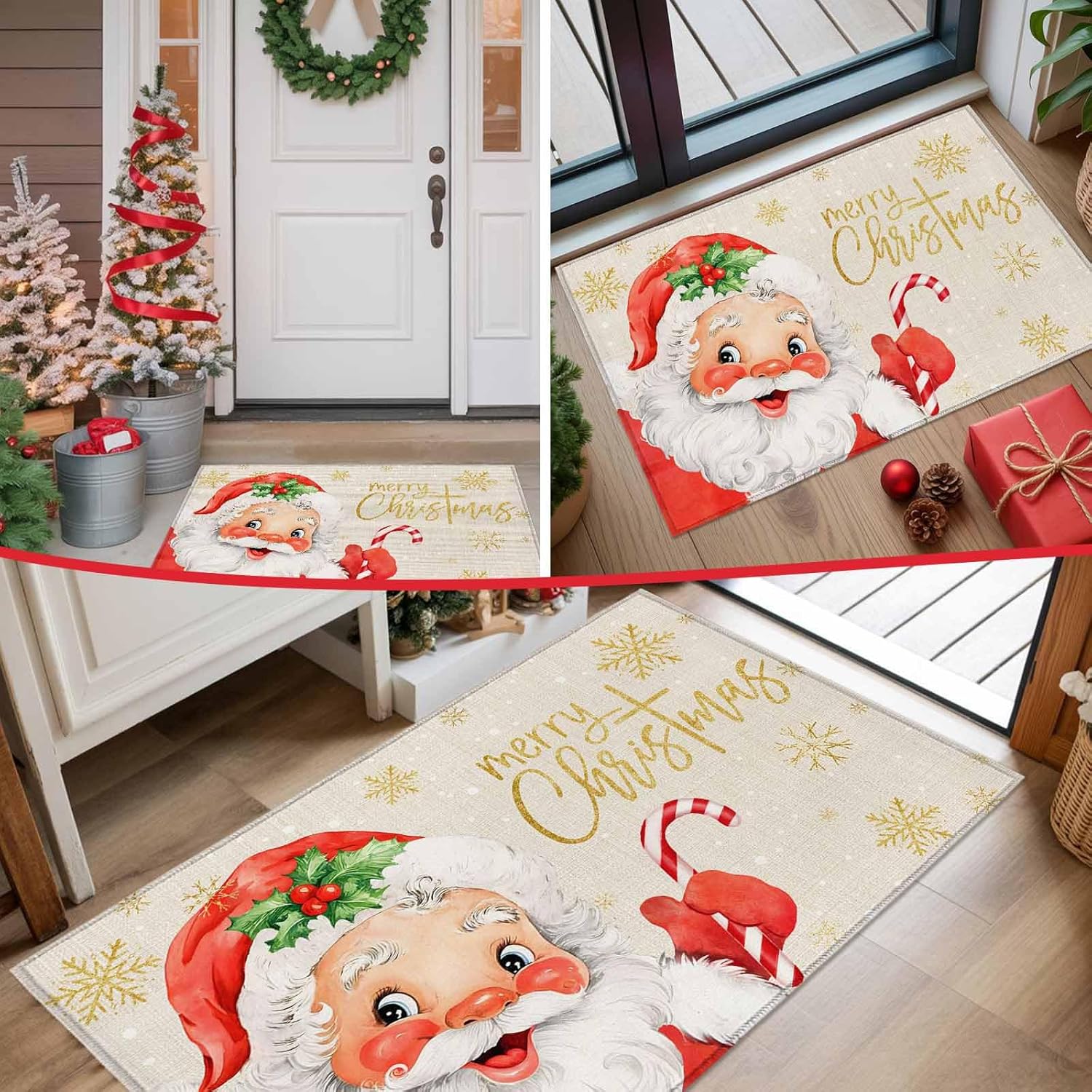 Red Santa Claus Front Door Mat Indoor Entrance, Merry Christmas Non Slip Doormat Absorbent Resist Dirt Floor Mats Washable Low Profile Winter Snowflake Linen Inside Rugs for Entryway, 20''x31.5''