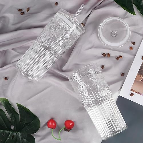 Miniatura 7 de Bandesun Taza de café helado de vidrio con tapas y popotes, vaso de vidrio de borosilicato de 24 onzas de alto para bebidas de jugo de batido de agua
