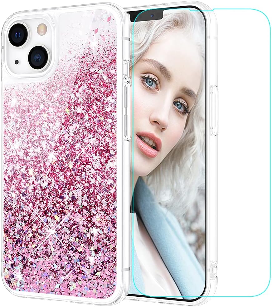 Maxdara Glitter Case for iPhone 13 Case for Girls Women (with Screen Protector) Shiny Bling Sparkle Luxury Pretty Soft TPU Protective Phone Case for iPhone 13 6.1 inches (Rosepink)
