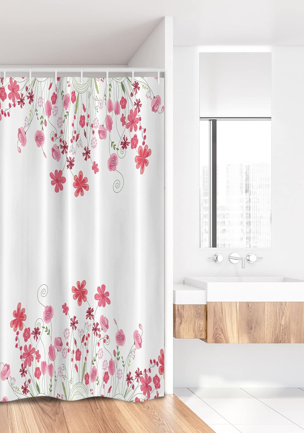 Ambesonne Flower Stall Shower Curtain, Detailed Contour Herbs and Blossoms Bridal Style Pure Simplistic Floral Theme, Fabric Bathroom Decor Set with Hooks, 36" W x 72" L, Pink Green White