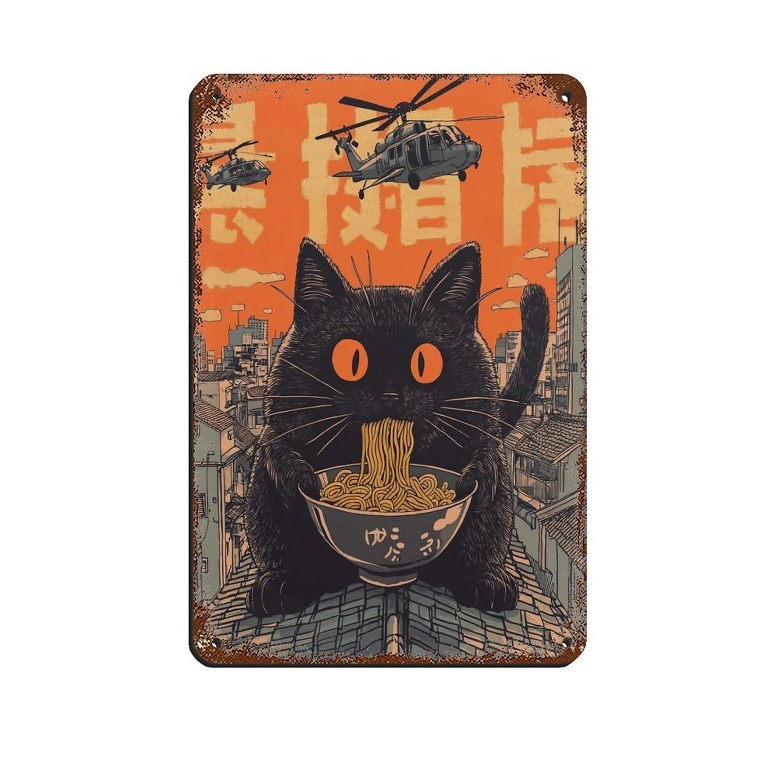 Lxwnze 20L X 30W Cm Quirky Black Cat Eating Noodles Art Poster Tin Sign Vintage Metal Pub Club Cafe Bar Home Wall Art Decoration Poster Retro 8X12inch(20X30cm)