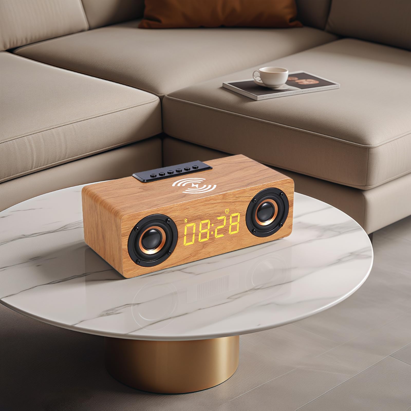 Elegante sveglia altoparlante in legno con ricarica wireless, 6 W, 9,3 x 4,3 x 3,1 pollici, design moderno per casa e ufficio
