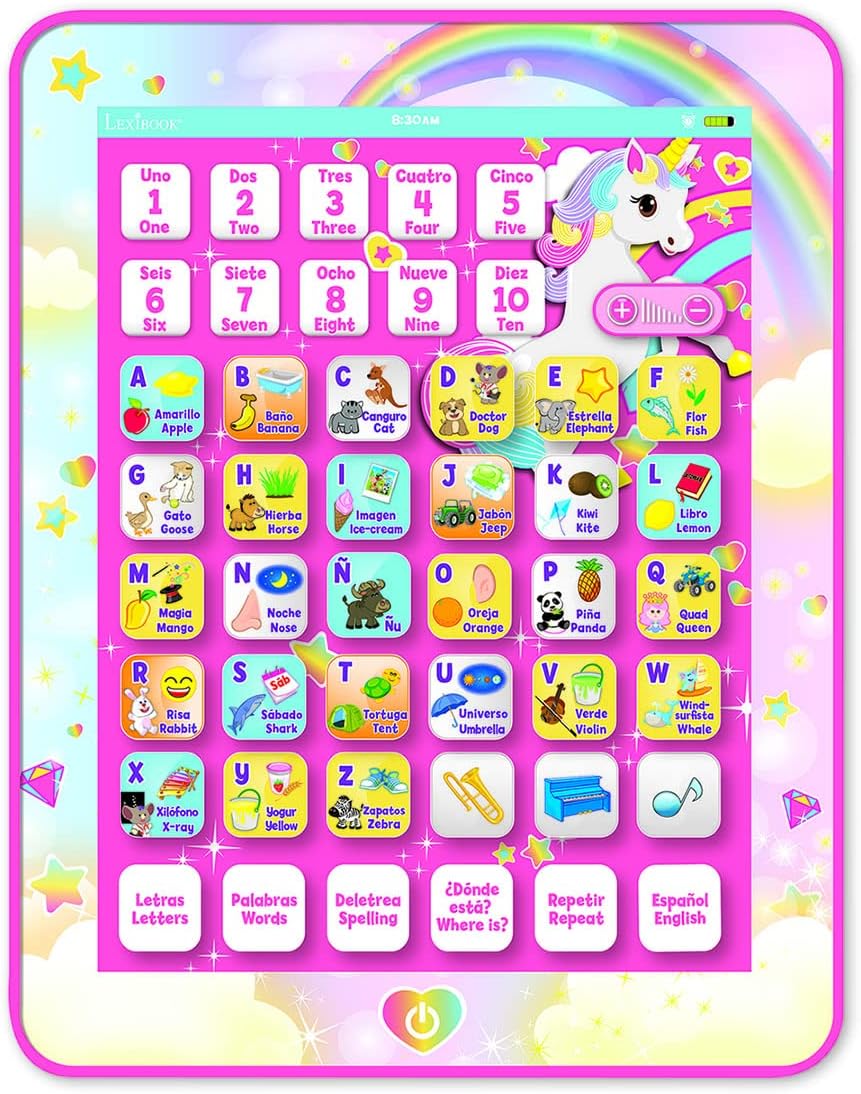 Unicorn, Educational Bilingual Interactive Learning Tablet, Toy to learn alphabet letters numbers words spelling and music, English/Spanish, Pink, JCPAD002UNIi2