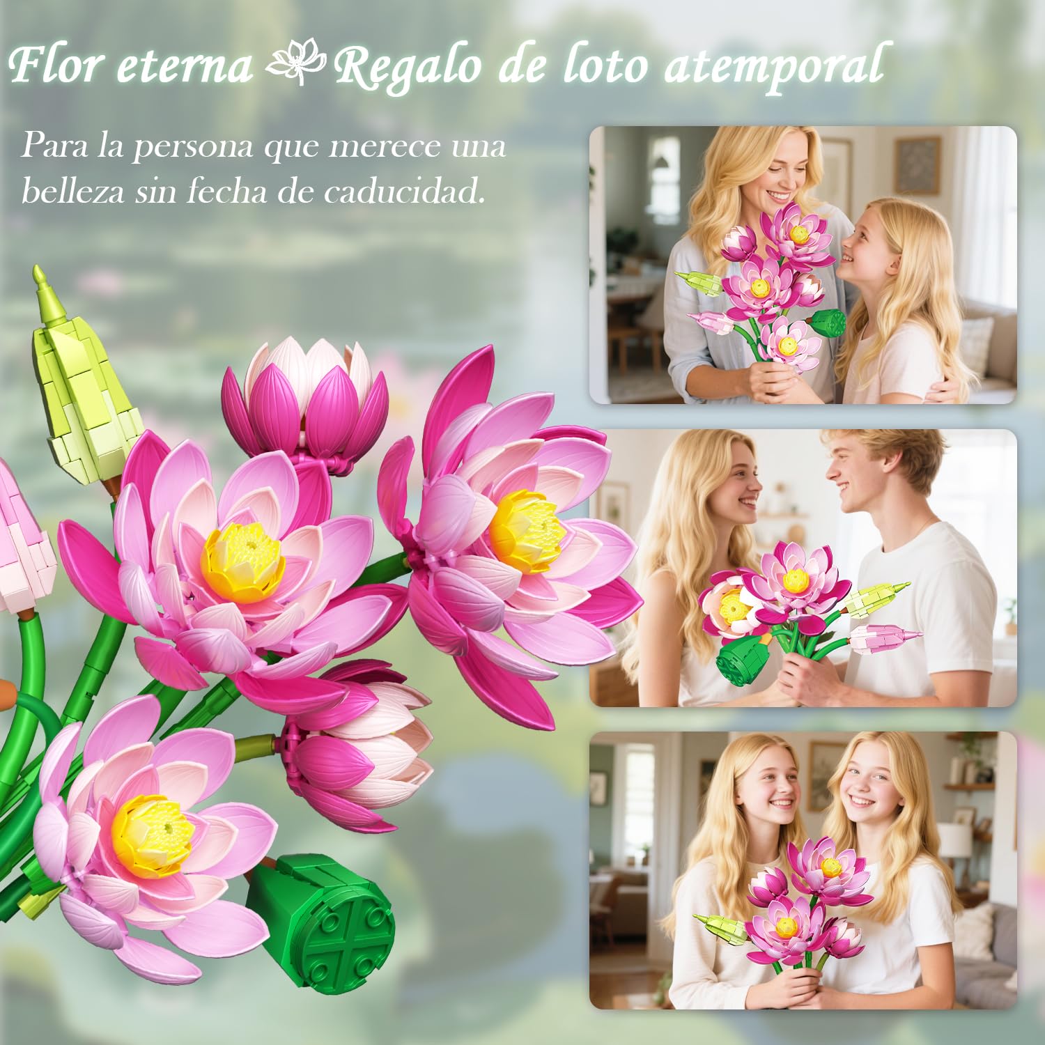 Set Botánical de Flores de Loto con Jarrón, Compatible con la Colección Botánical de Flores de Lego, Ramo de Flores Artificiales Rosas con Jarrón para Interiores y Exteriores, 710 Piezas