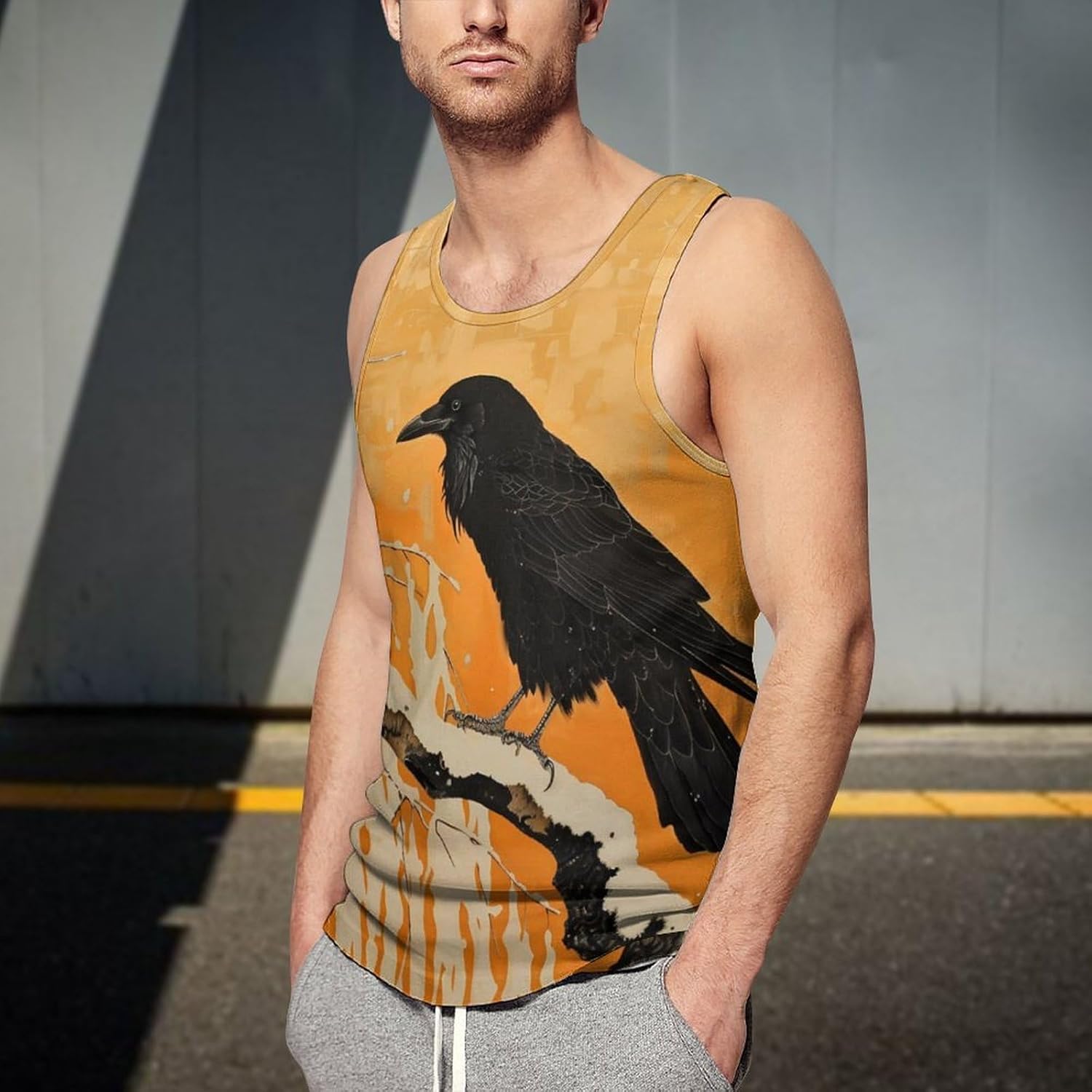 Crow on A Snowy Branch Print Men's Tank Top Sleeveless Muscle Shirts Vest Beach T Shirts for Workout Gym