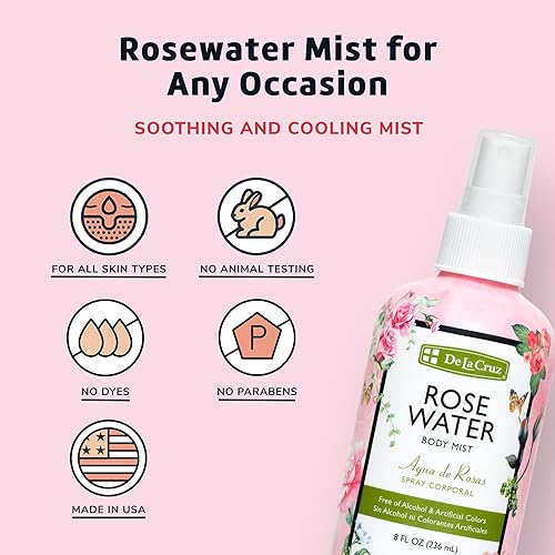 Miniatura 4 de De La Cruz Spray de agua de rosas sin parabenos ni colores artificiales vegano fabricado en Estados Unidos 8 onzas líquidas 1 botella