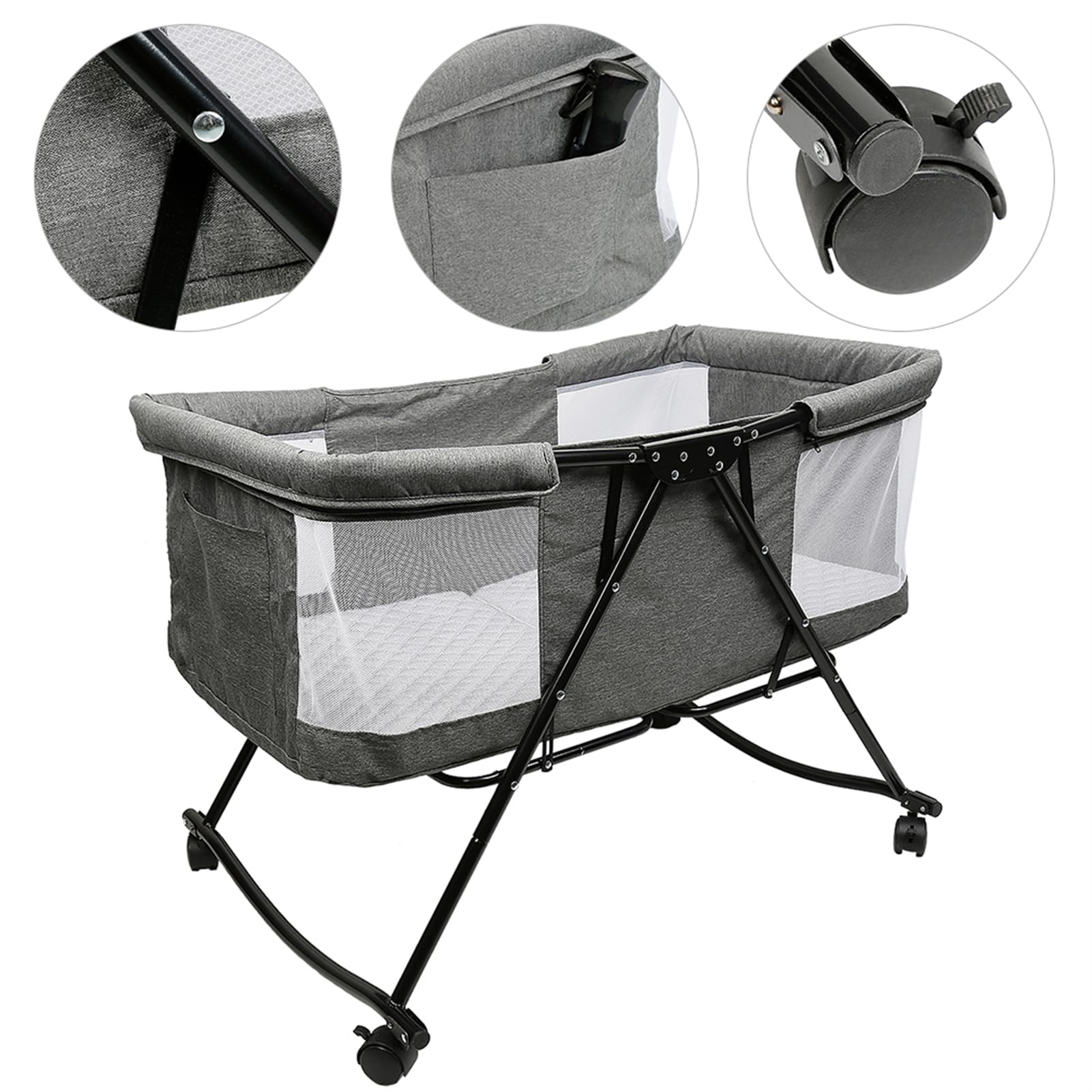 Baiyun Beistellbett Baby, 2 in 1 Babybett und Babywiege, Kinderbett mit Rollen, Moskitonetz, Lagerungstasche und Matratze, Multifunktional Kinderbett Faltbares Tragbares (Modell 4 Grau)
