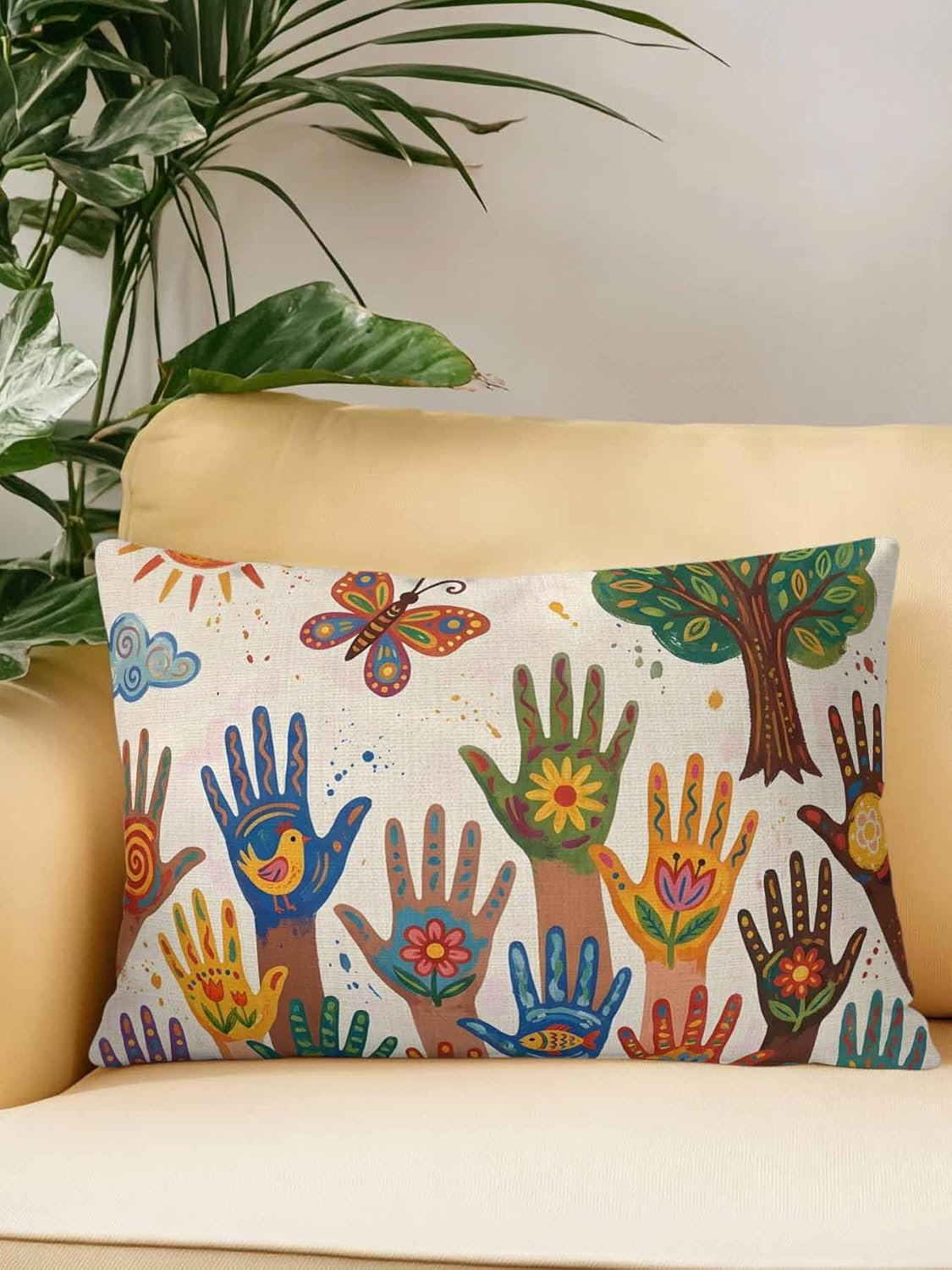 1 Pack Outdoor Pillows Waterproof, Children's Day Indoor/Outdoor Throw Pillows with Inserts, Cartoon Handprint Butterfly Retro Beige Decorative Pillow for Patio Furniture Chairs Couch 12"x20"