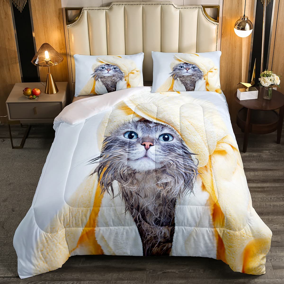 Set copripiumino per letto singolo con gatto, con grazioso gattino e inserto per piumone, per letto dei ragazzi, 2 pezzi