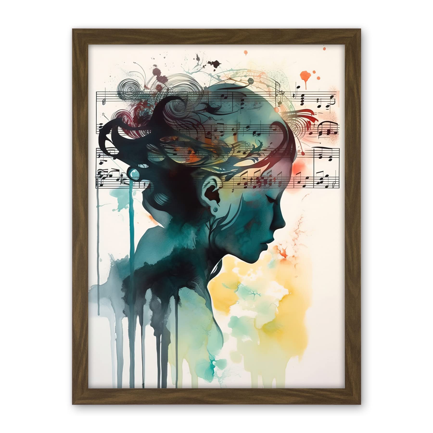 Artery8 Music on my Mind Singing in my Head Modern Portrait Watercolour Illustration Artwork Framed Wall Art Print 18X24 Inch