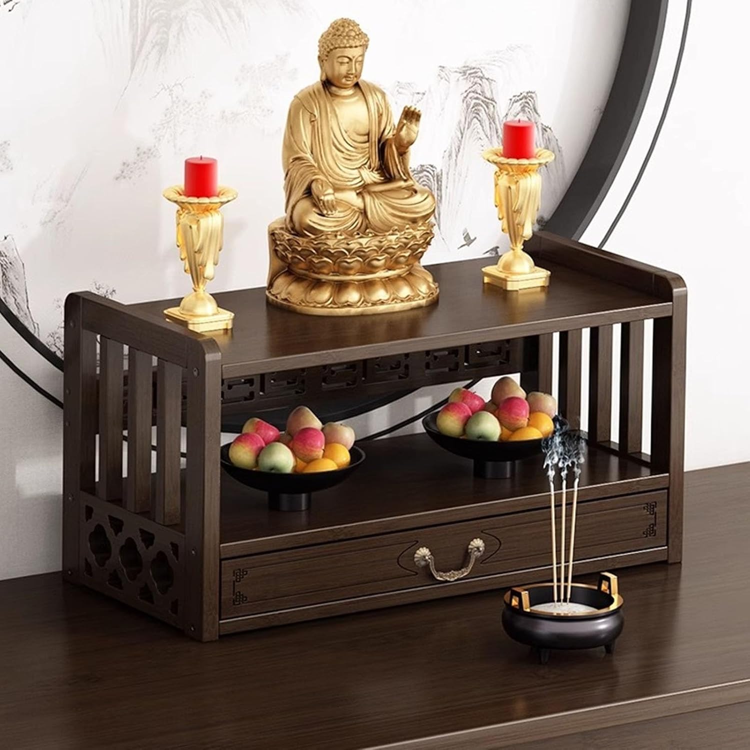2-Tier Altar Table, Bamboo Meditation Buddha Table with Storage Drawer, Shrine Buddha Tables, Buddhist Altars Cabinet for Buddhist(Brown,42cm/16.5IN)