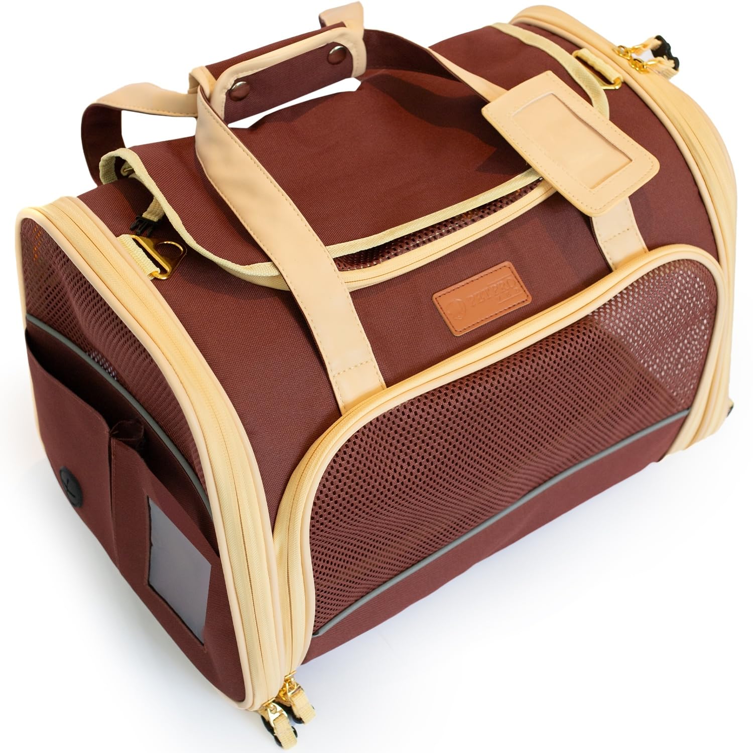 PETPROVED Caisse de Transport Chien Chat Sac de Transport pour Chien Voiture Chat Sac de Voyage Pliable Caisse Cage (M Marron)
