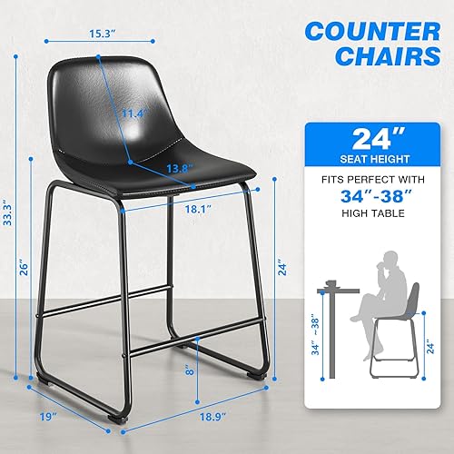 Miniatura 3 de Rfiver Juego de 2 sillas de mostrador de piel sintética de poliuretano, taburete de mostrador con respaldo y reposapiés, sillas modernas de altura