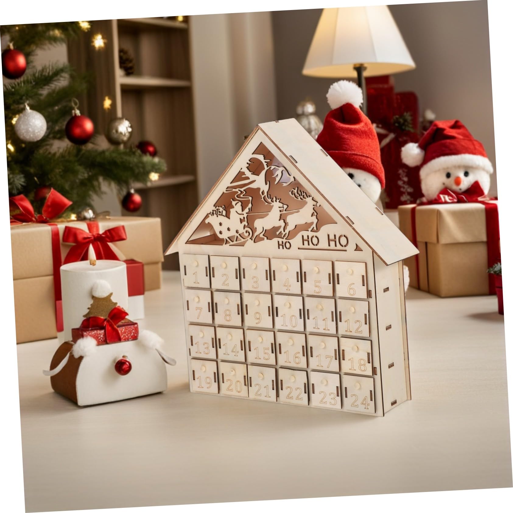 Homoyoyo Calendario de Adviento de Navidad con Reutilizables Calendario de Regresiva de Madera Iluminado con LED Decoración Rústica para Mesa con Diseño Recargable para Sorpresas Diarias
