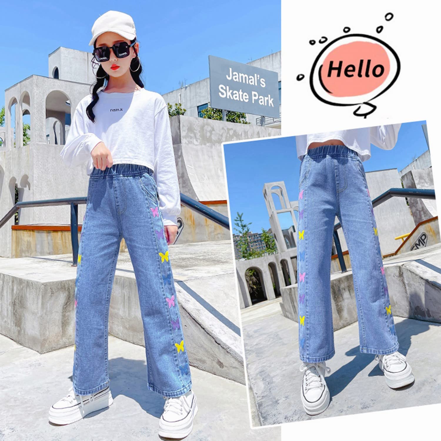 Rolanko Jeans Bambino, Pantaloni Denim Blu Dritto Fori Vintage per Bambini