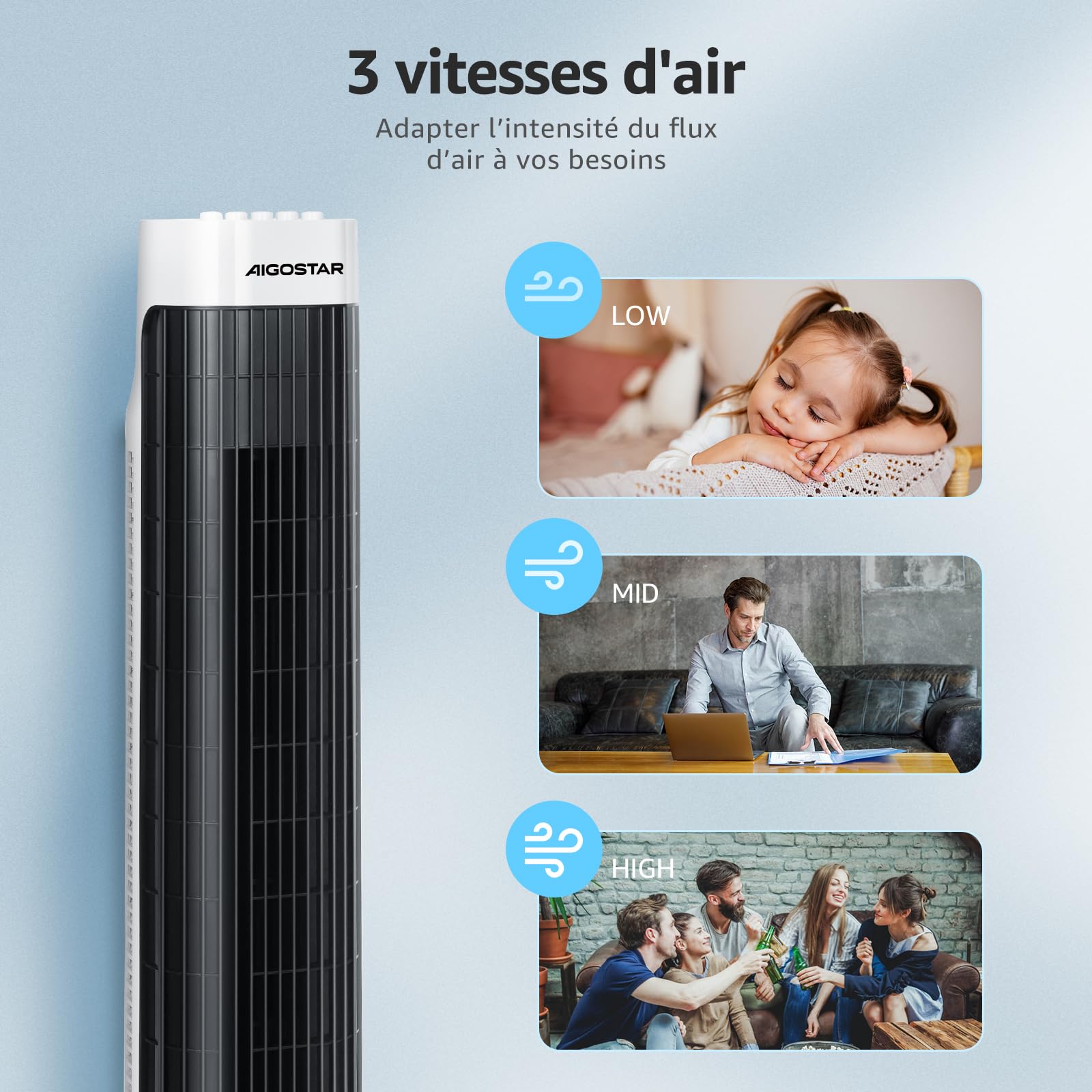 Aigostar Ventilateur Colonne Silencieux 76cm, 3 Vitesses Puissantes, Oscillation 85°, Minuterie 120min, Économique 45W avec Poignée Intégrée, Noir & Blanc pour Chambre/Salon/Bureau-Ben