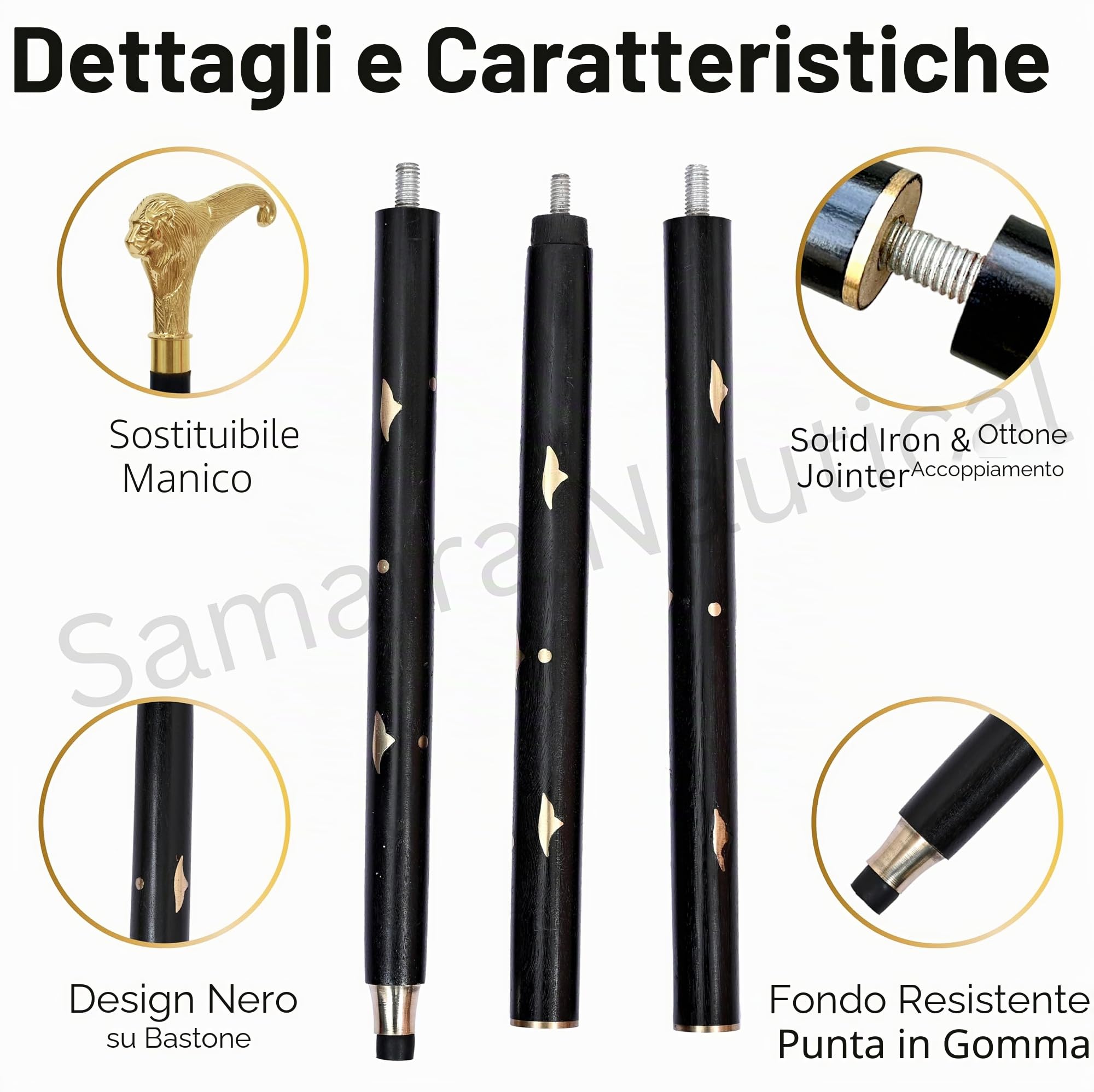 Bastone da passeggio in legno con manico a testa di leone in ottone massiccio, stile vintage