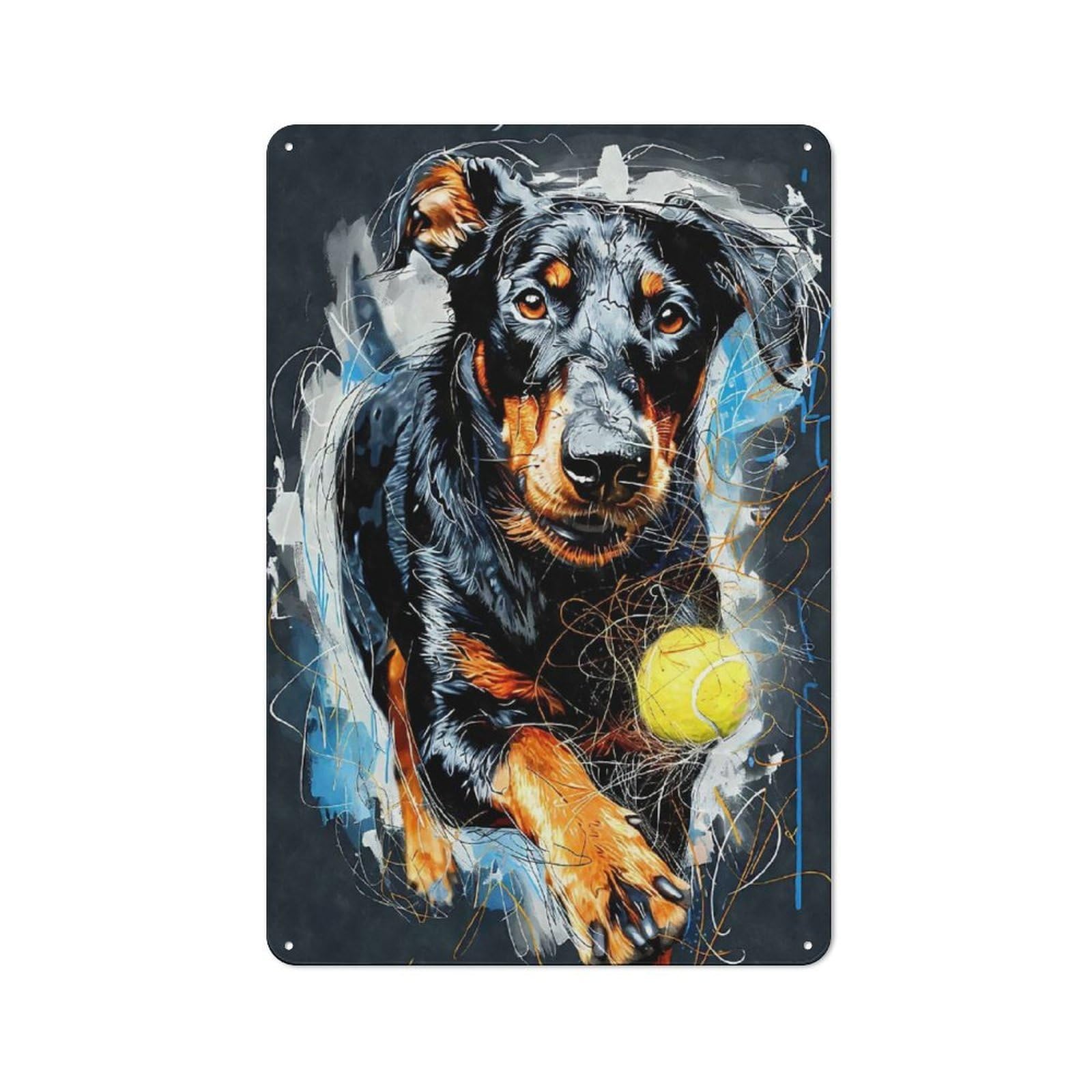 Junmoney Dobermann Catching Ball Rustic Tin Sign 30X20cm For Lounge Or Reading Corner, For Vintage Wall Decor Fans, For Garage And Workshop Walls