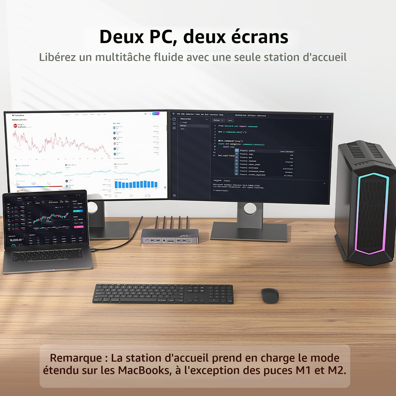 AV Access Station d'accueil commutateur KVM pour MacBook, KVM Switch USB C 2 moniteurs 2 PCs, Double Affichage HDMI 4K, Commutation 1 Portable + 1 Bureau, Ethernet, Charge Rapide 100W, émulation EDID