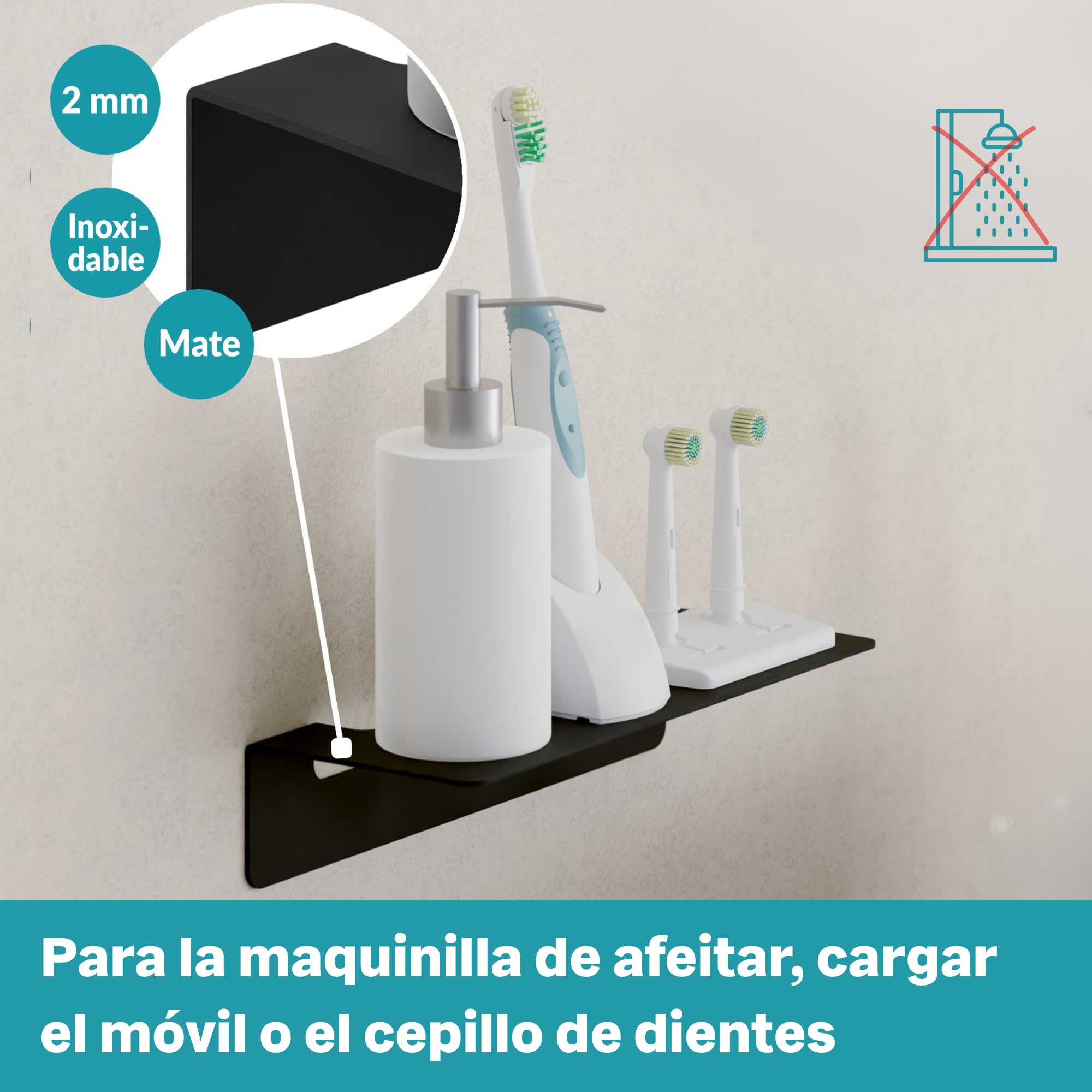 WEISSENSTEIN Repisa baño Acero Inoxidable - Balda Adhesiva 24 cm - sin Taladro - Negra